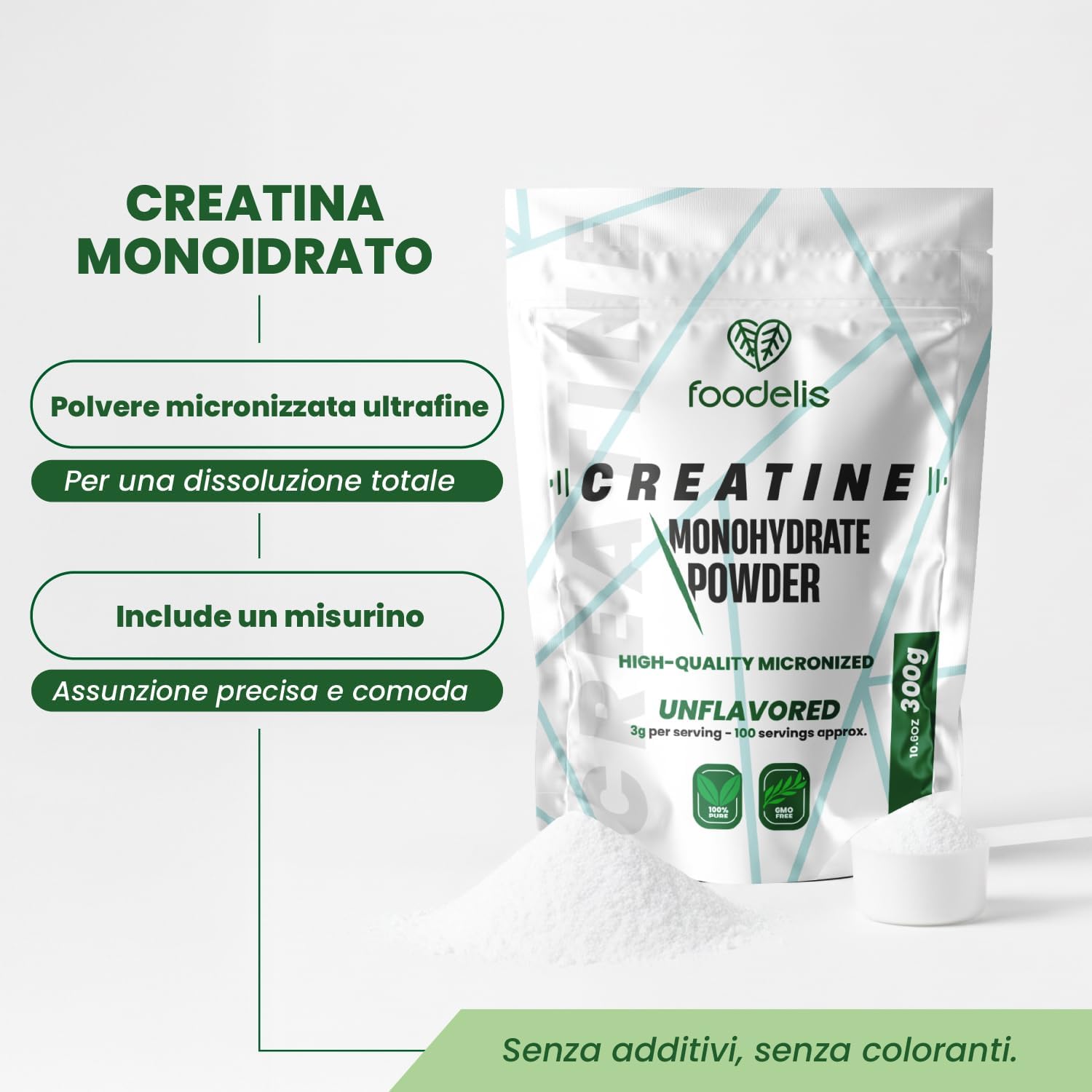 Foodelis Micronized Creatine Monohydrate in Powder 300 g – Flavorless – 100% Pure Creatine – Without Additives – Vegan – High Solubility – Measuring Cup Included Unflavored 300g