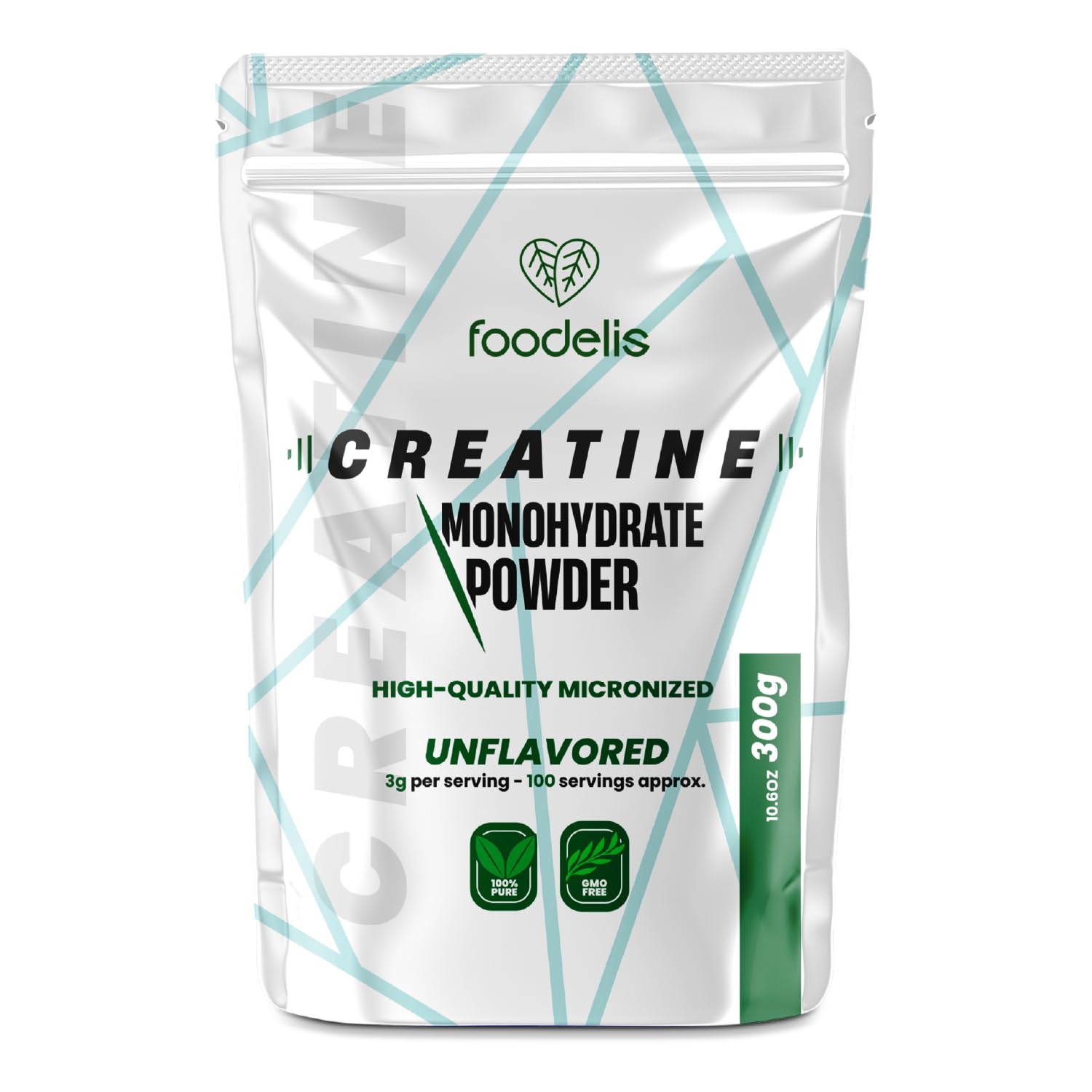 Foodelis Micronized Creatine Monohydrate in Powder 300 g – Flavorless – 100% Pure Creatine – Without Additives – Vegan – High Solubility – Measuring Cup Included Unflavored 300g