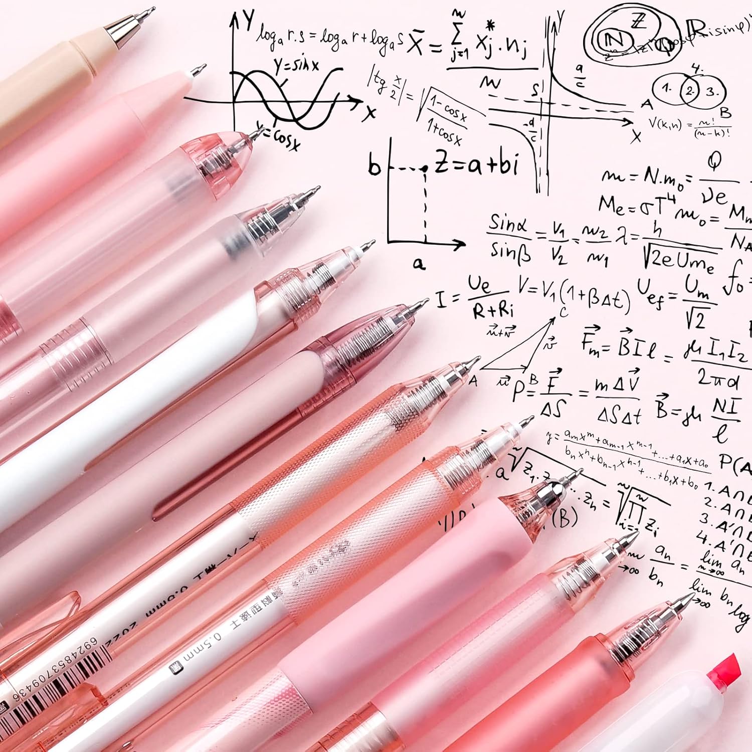 Four Candies 11 Pack Black Gel Pens, 1 Retractable Black Ink Highlighter, Pink Body, Cute Pastel Barrel Gel Ballpoint Pens for Writing Diary Take School Office Home