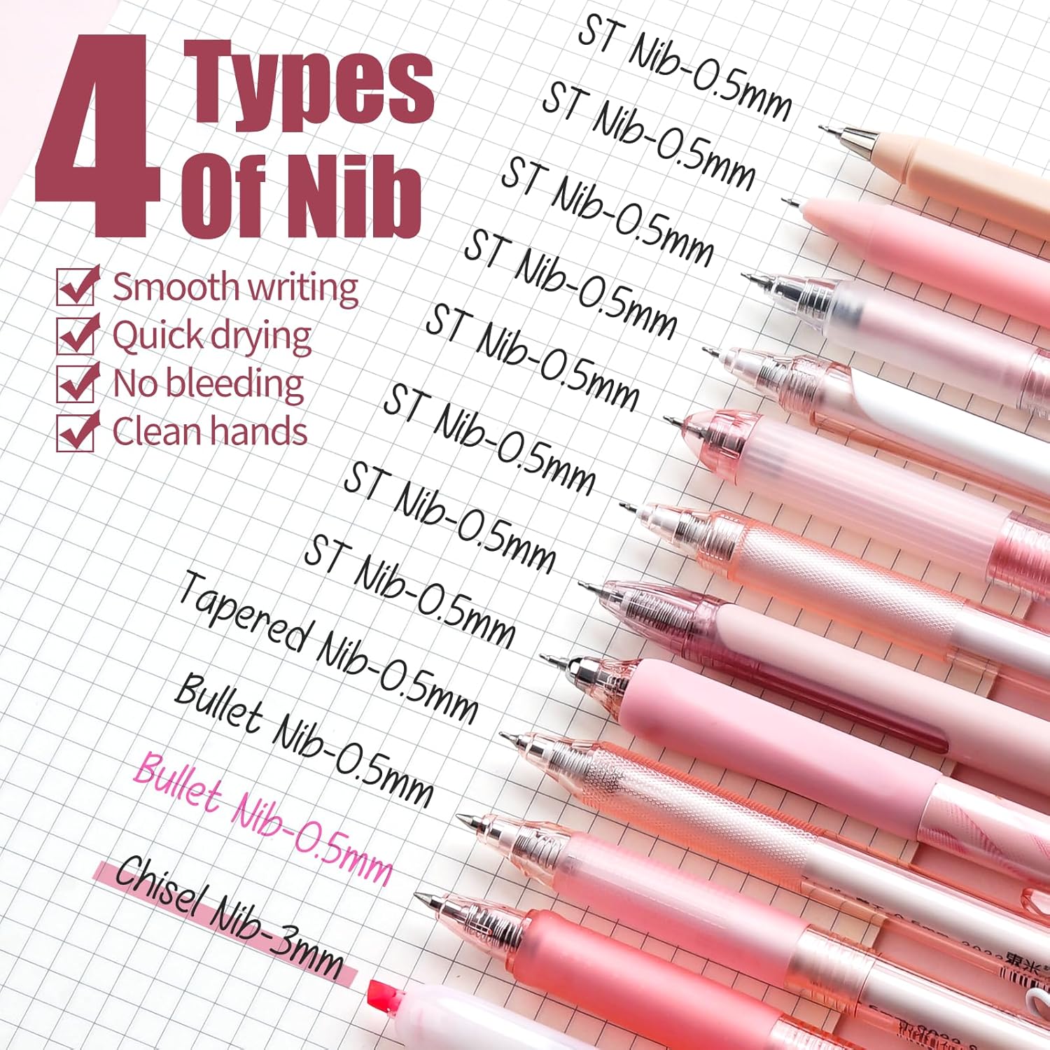 Four Candies 11 Pack Black Gel Pens, 1 Retractable Black Ink Highlighter, Pink Body, Cute Pastel Barrel Gel Ballpoint Pens for Writing Diary Take School Office Home