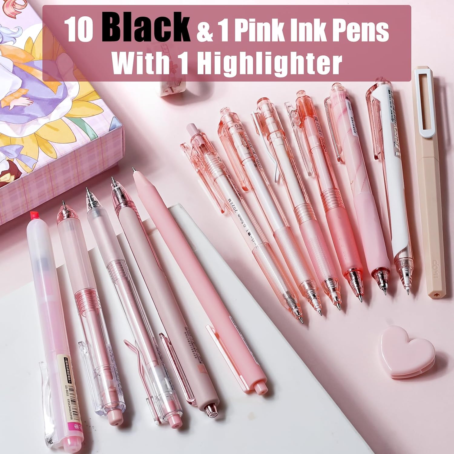 Four Candies 11 Pack Black Gel Pens, 1 Retractable Black Ink Highlighter, Pink Body, Cute Pastel Barrel Gel Ballpoint Pens for Writing Diary Take School Office Home