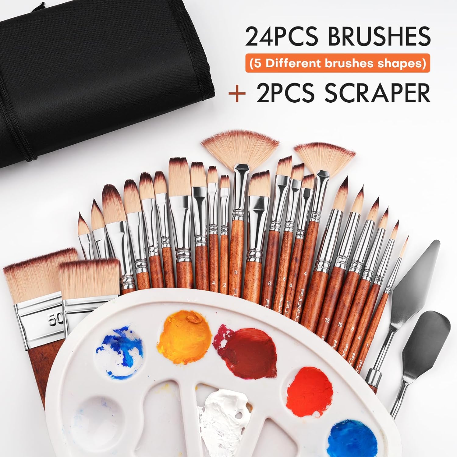 Fuumuui 26 Piece Professional Acrylic Paint Brush Set, Full Range of Sizes with Short Wide Flat Handle and Palette Knife for Acrylic, Oil, Watercolor, Gouache 26 Pieces