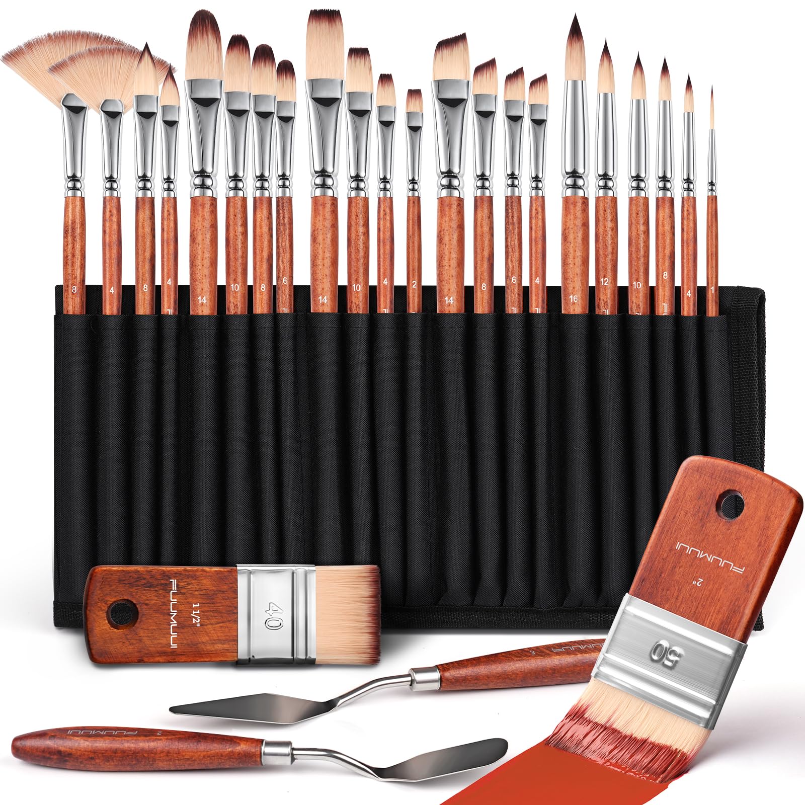Fuumuui 26 Piece Professional Acrylic Paint Brush Set, Full Range of Sizes with Short Wide Flat Handle and Palette Knife for Acrylic, Oil, Watercolor, Gouache 26 Pieces