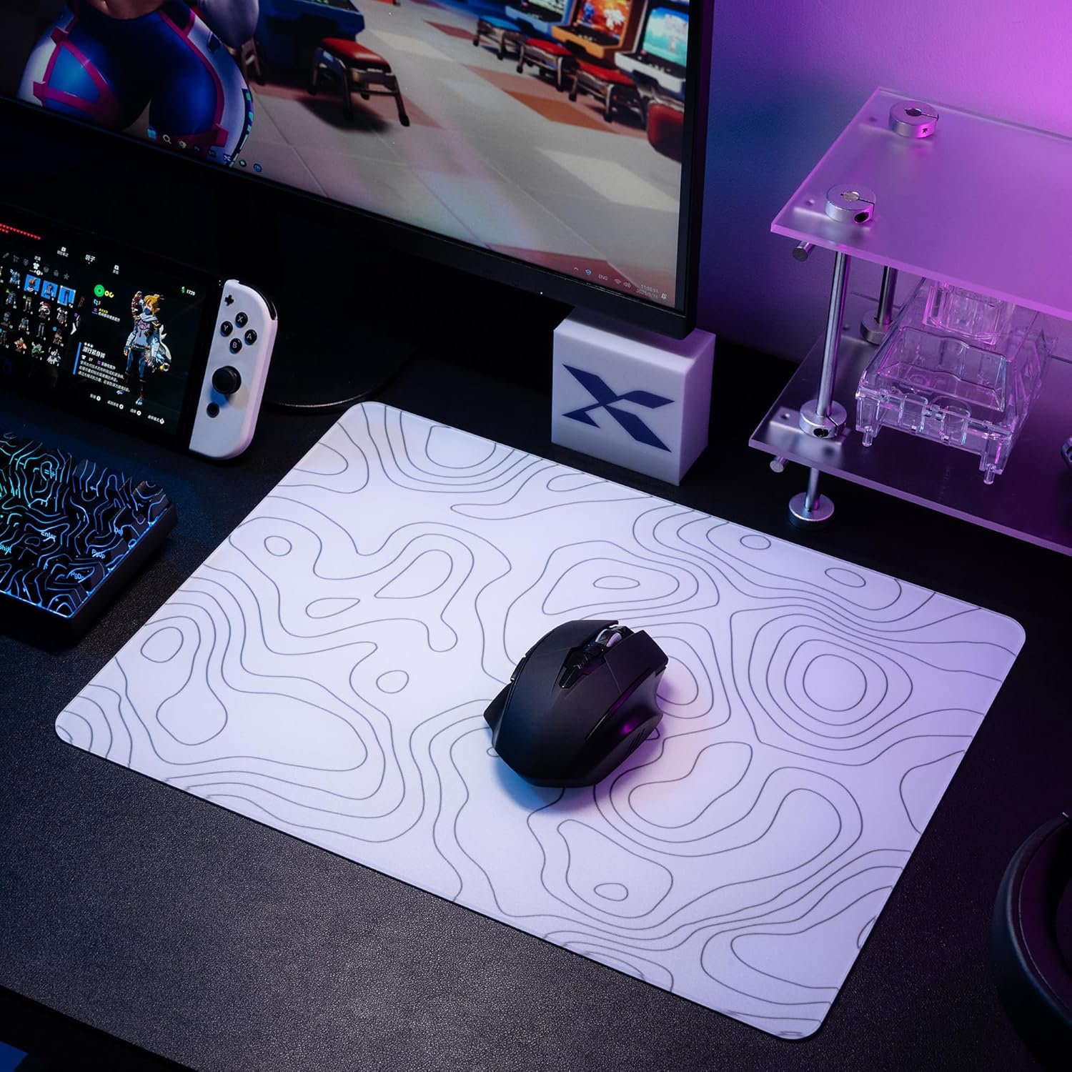 Glass Mousepad for Gaming, White Topographic Hard Gaming Mouse pad, Professional Large Mouse Mat 410mm*310mm, Special Glass Surface with Improved Precision and Speed White(Topographic)