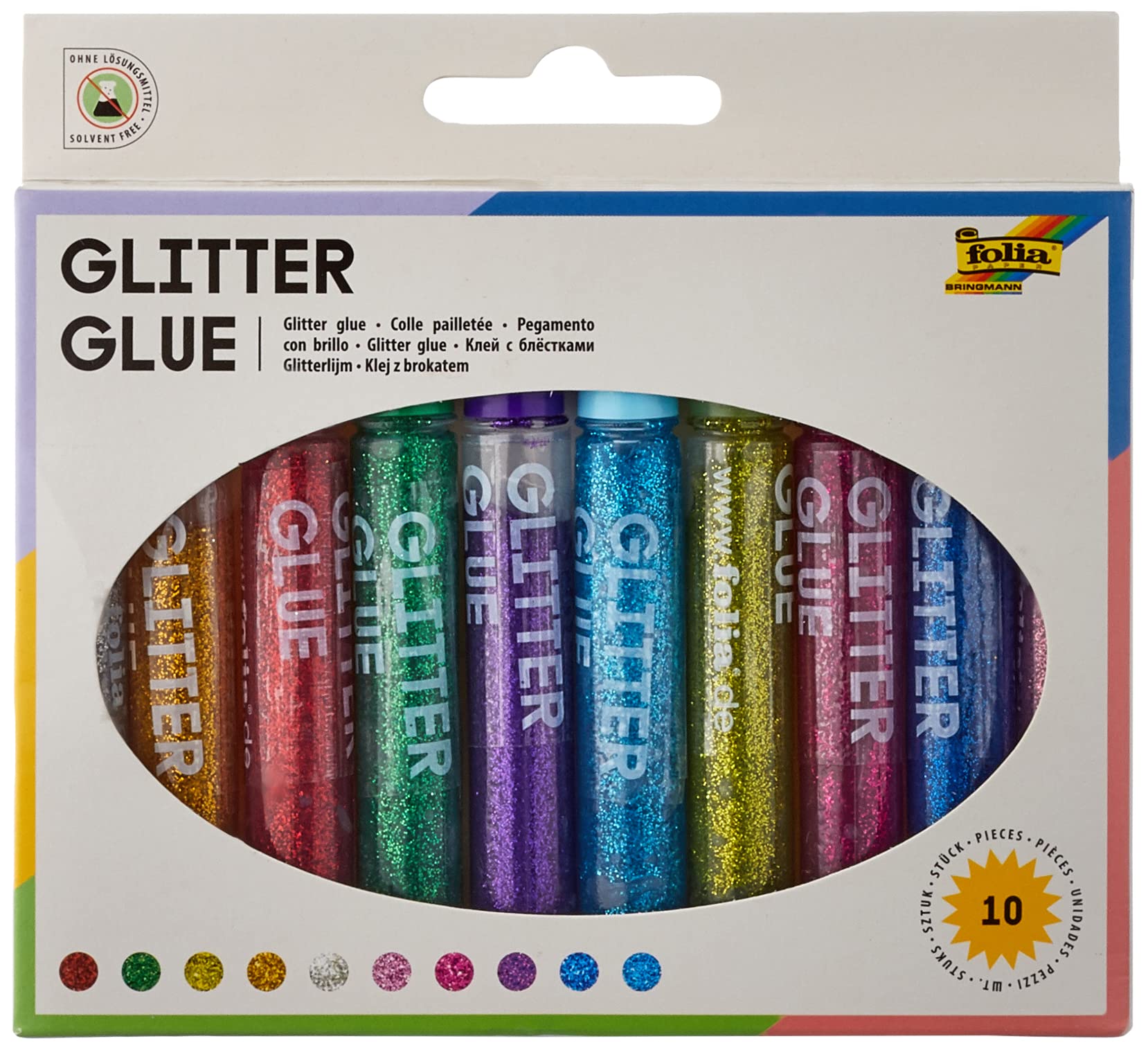 Glorex Max Bringmann Folia 574 - Glitter Glue, 10 Pens with 9.5ml Content I, 10 Assorted Colors