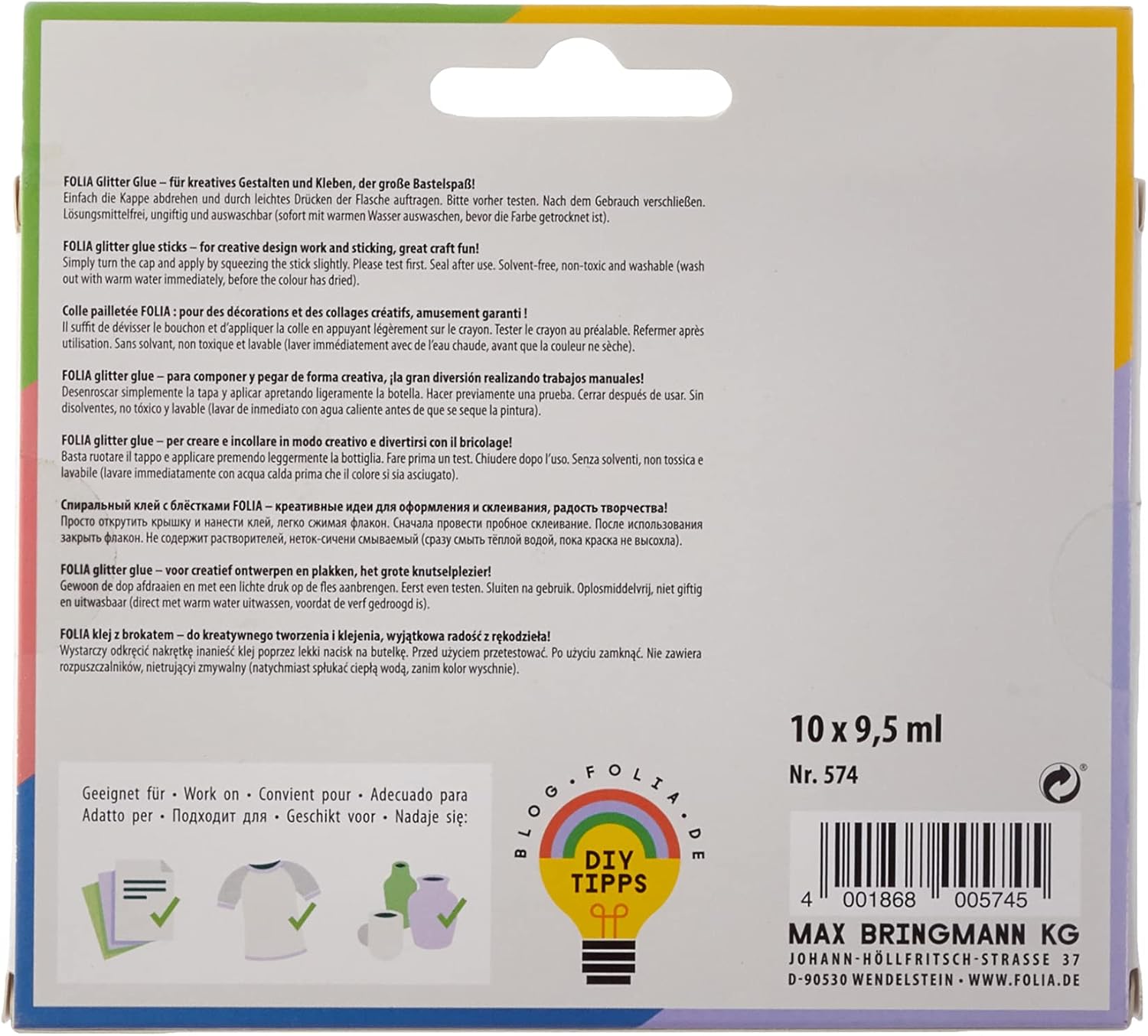 Glorex Max Bringmann Folia 574 - Glitter Glue, 10 Pens with 9.5ml Content I, 10 Assorted Colors