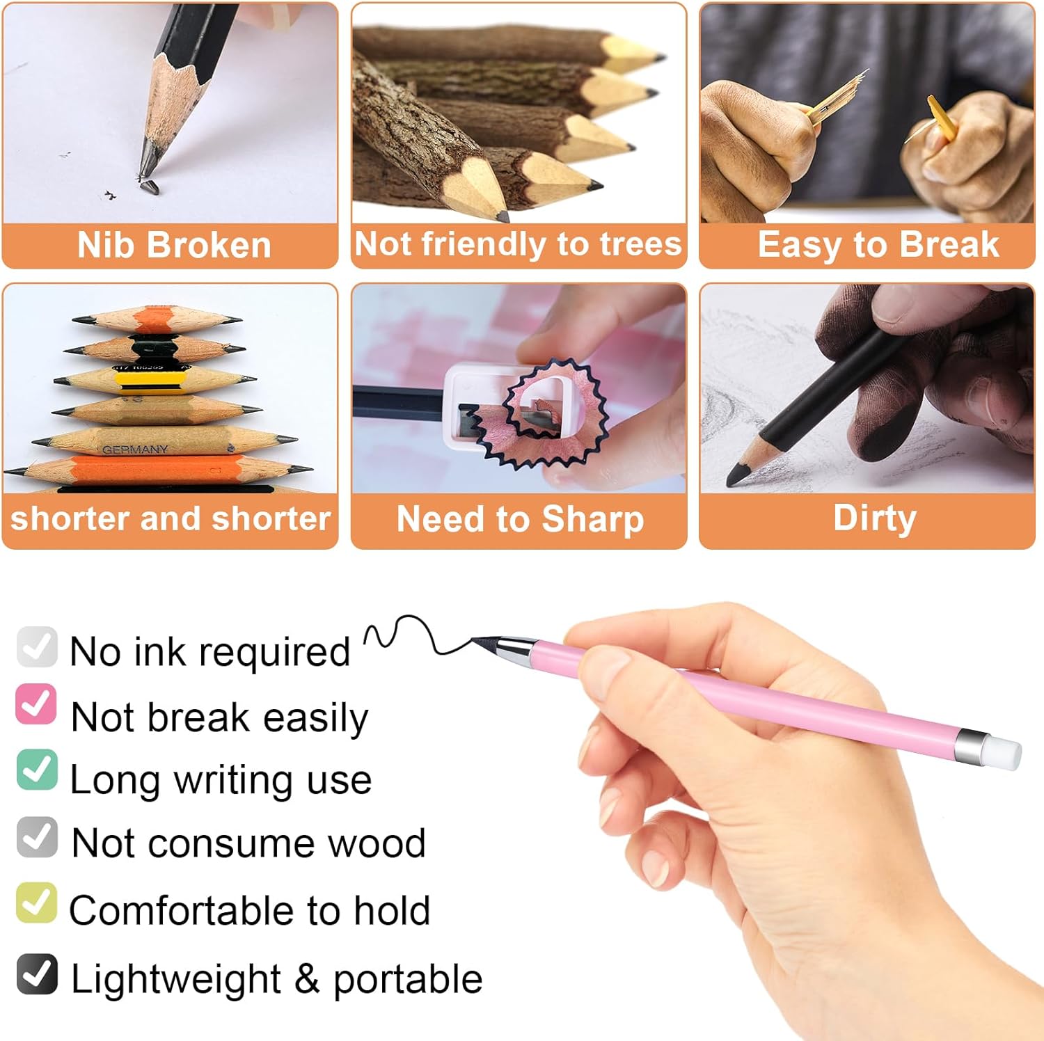Inkless Pencils with Eraser, Long Lasting Perpetual Pencil Portable Pencil Pen 6 Reusable for Office and Study