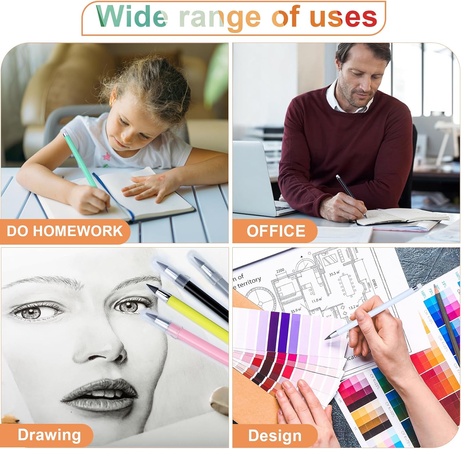 Inkless Pencils with Eraser, Long Lasting Perpetual Pencil Portable Pencil Pen 6 Reusable for Office and Study