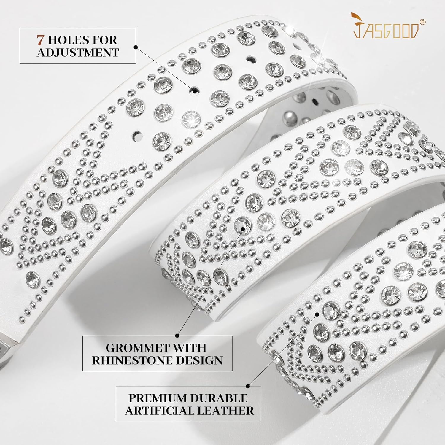 JASGOOD Rhinestones Belt for Women Men Plus Size Western Cowboy Cowgirl Studded Diamond Leather Waist Belt for Jeans Pants Fit size 36"-40" A-silver White