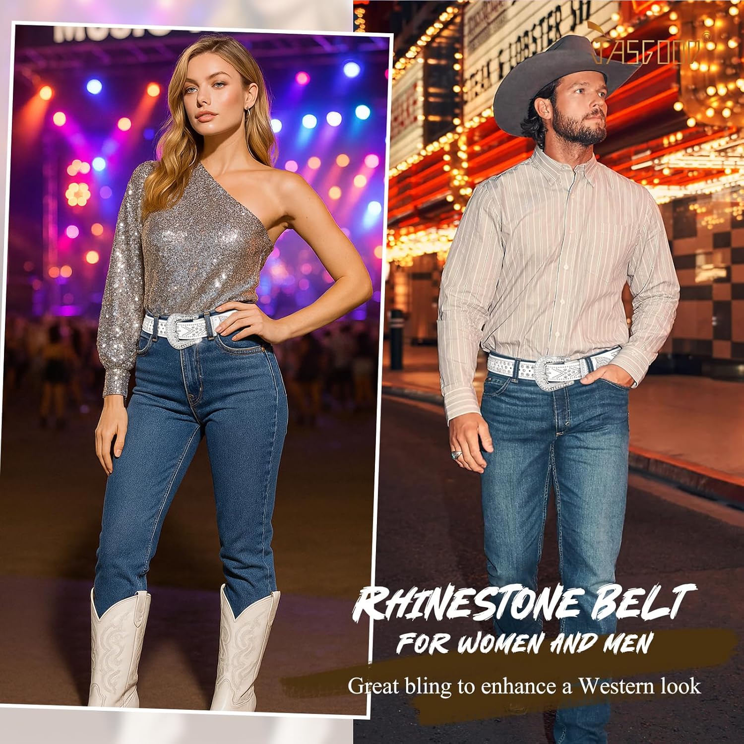 JASGOOD Rhinestones Belt for Women Men Plus Size Western Cowboy Cowgirl Studded Diamond Leather Waist Belt for Jeans Pants Fit size 36"-40" A-silver White