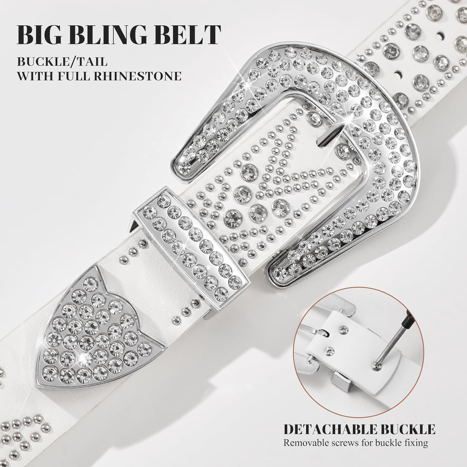 JASGOOD Rhinestones Belt for Women Men Plus Size Western Cowboy Cowgirl Studded Diamond Leather Waist Belt for Jeans Pants Fit size 36"-40" A-silver White