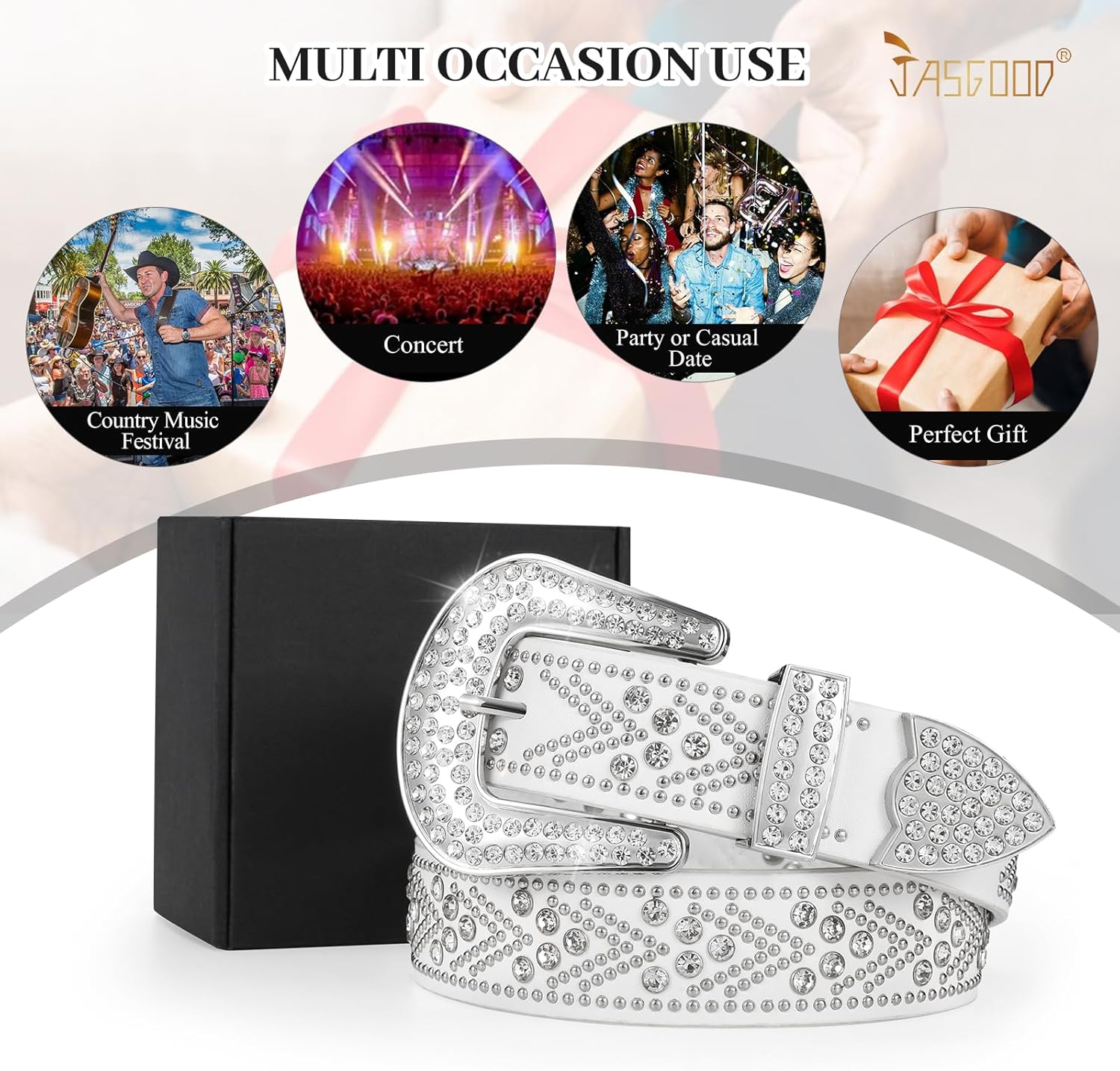 JASGOOD Rhinestones Belt for Women Men Plus Size Western Cowboy Cowgirl Studded Diamond Leather Waist Belt for Jeans Pants Fit size 36"-40" A-silver White