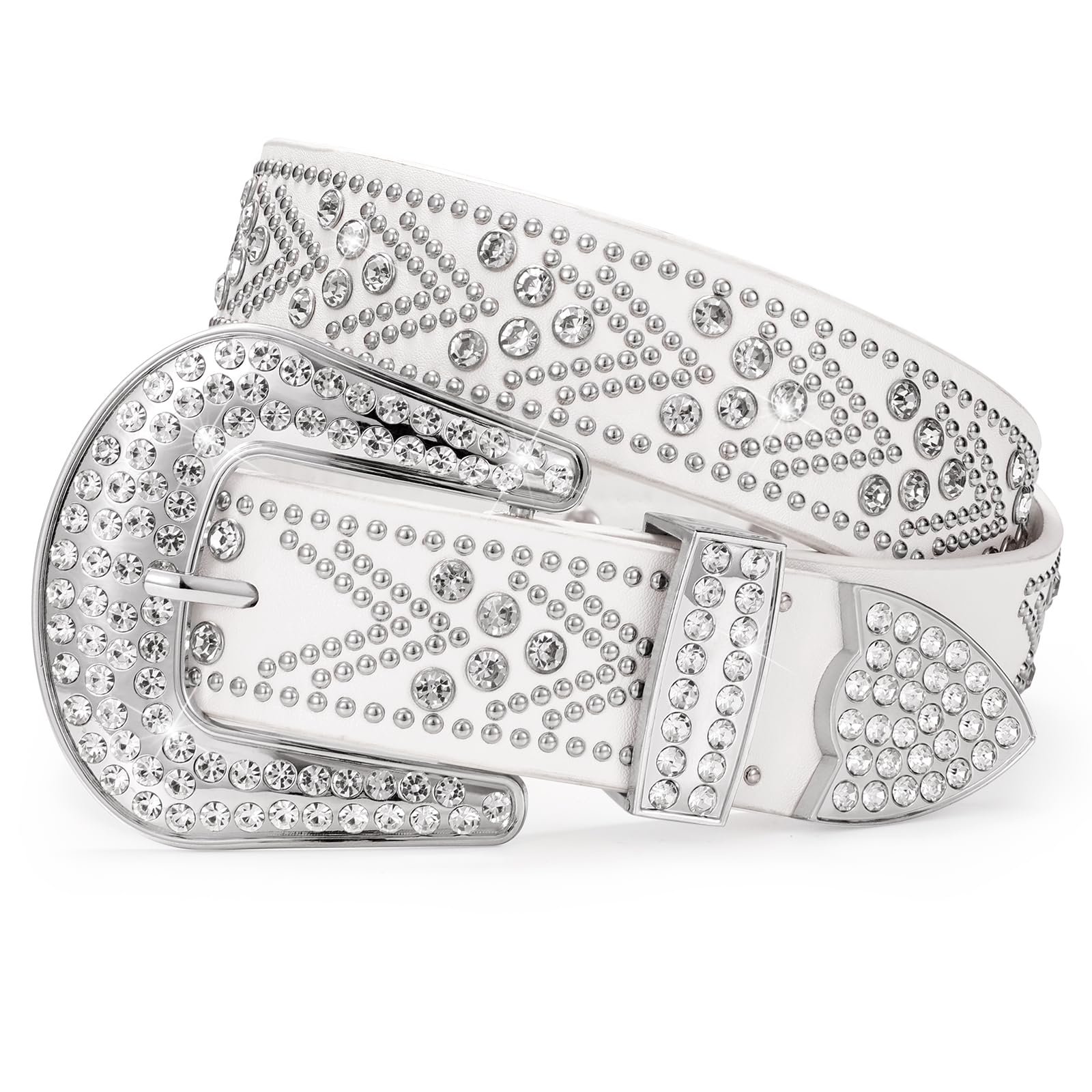 JASGOOD Rhinestones Belt for Women Men Plus Size Western Cowboy Cowgirl Studded Diamond Leather Waist Belt for Jeans Pants Fit size 36"-40" A-silver White