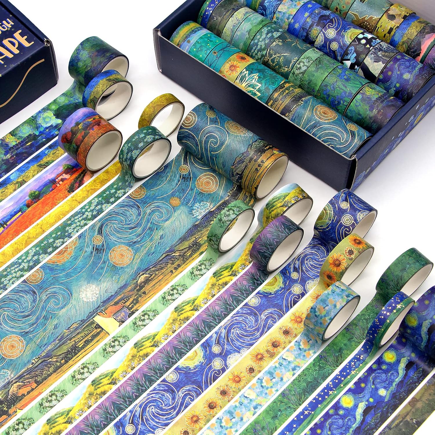 Jniseger Washi Tape Set, 36 Rolls Van Gogh Vintage Gold Washy Tape, Wide Decorative Tape for Journaling, Scrapbooking Supplies, Craft Masking Tape