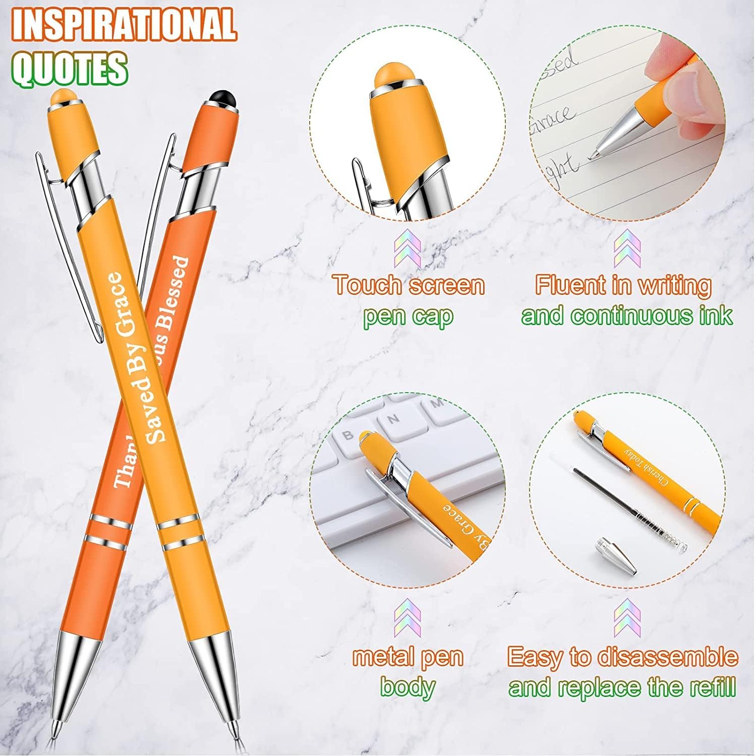 KAHEIGN 20 Pieces Inspirational Ballpoint Pens, 14CM with Motivational Quotes, Metal Touch Screen, Black Ink Stylus Pens for Boss Desk Supplies (10 Positive Styles)