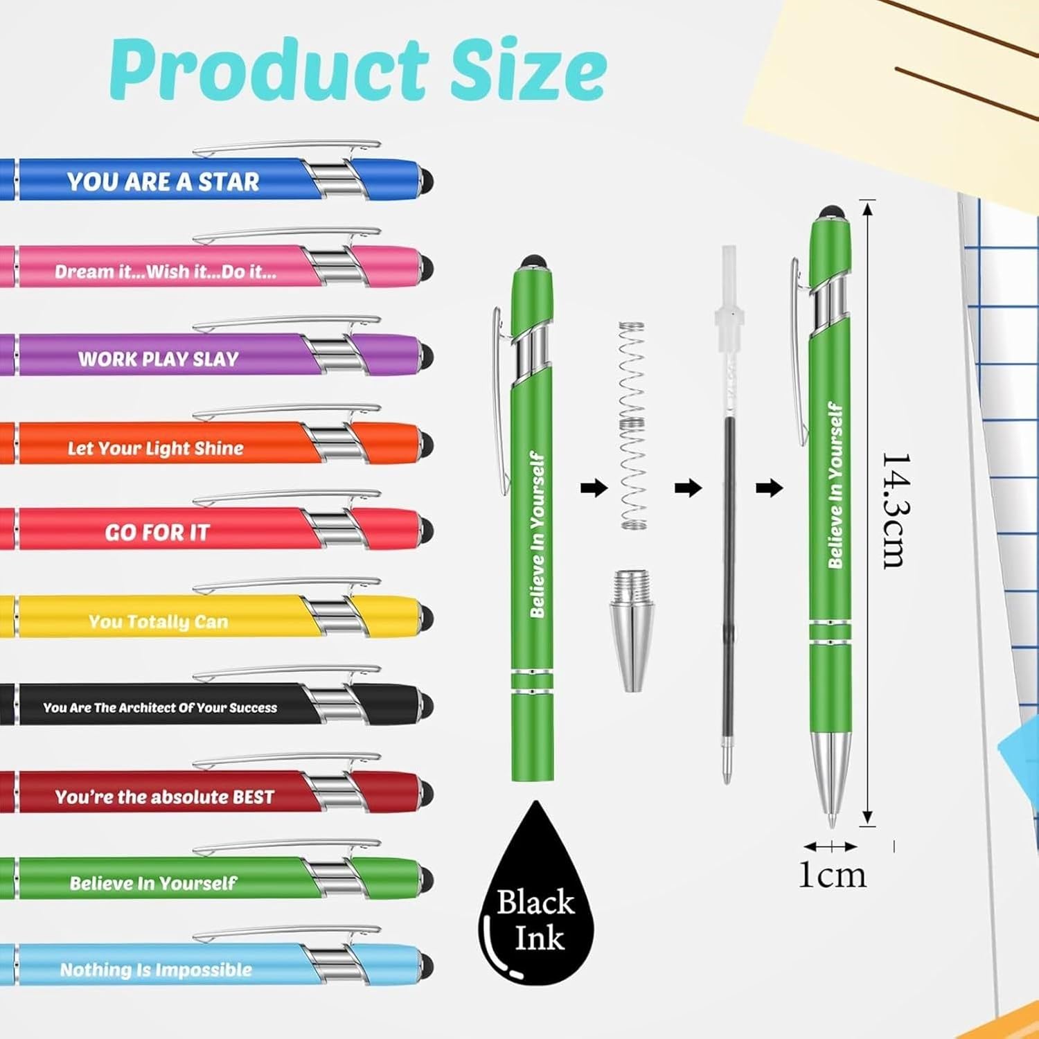 KAHEIGN 20 Pieces Inspirational Ballpoint Pens, 14CM with Motivational Quotes, Metal Touch Screen, Black Ink Stylus Pens for Boss Desk Supplies (10 Positive Styles)