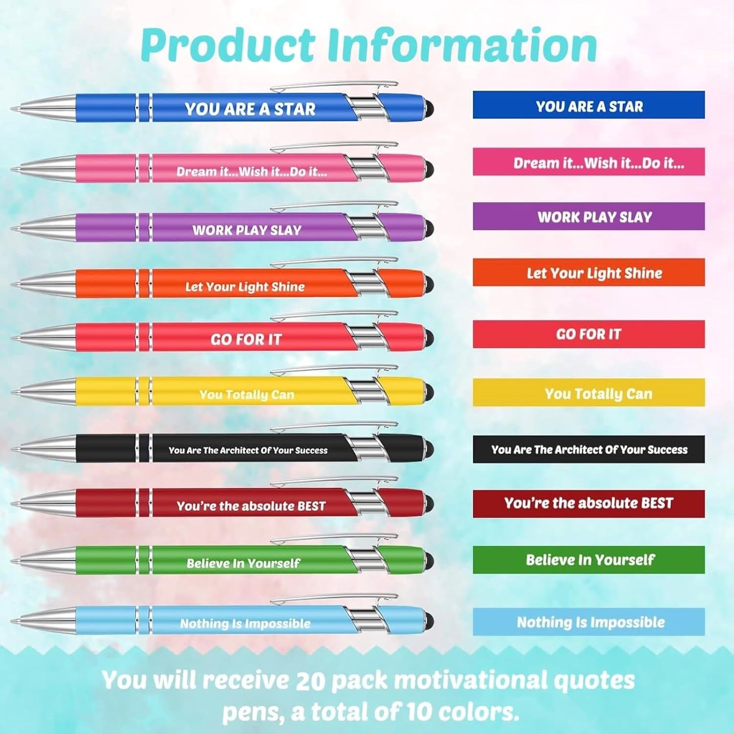 KAHEIGN 20 Pieces Inspirational Ballpoint Pens, 14CM with Motivational Quotes, Metal Touch Screen, Black Ink Stylus Pens for Boss Desk Supplies (10 Positive Styles)