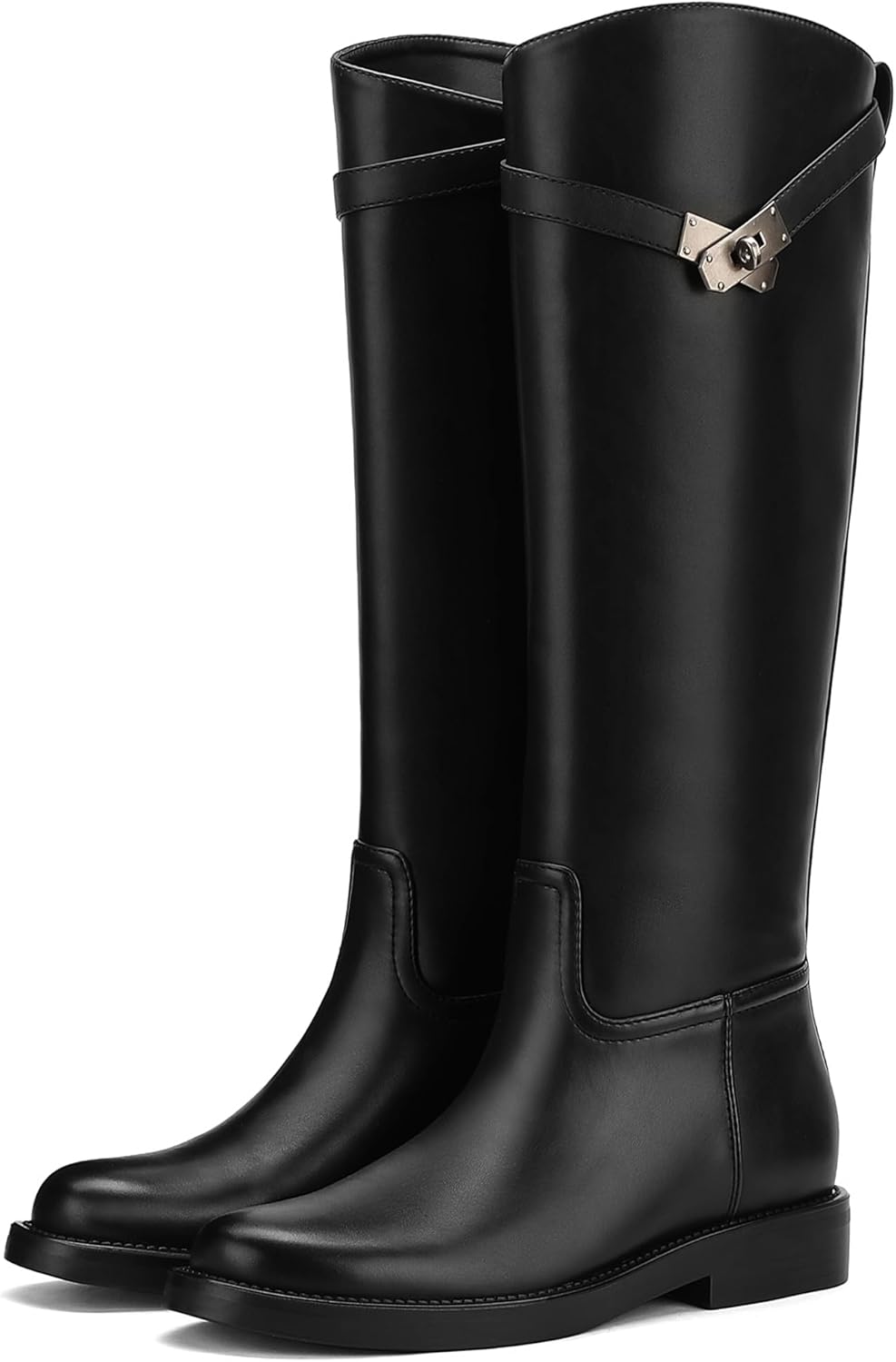 Knee High Boots Women | Tall Riding Faux Leather Low Heel Boots | Round Toe Pull On Wide Calf with Buckle Strap Comfort for Fall | Winter Dress 8 Black