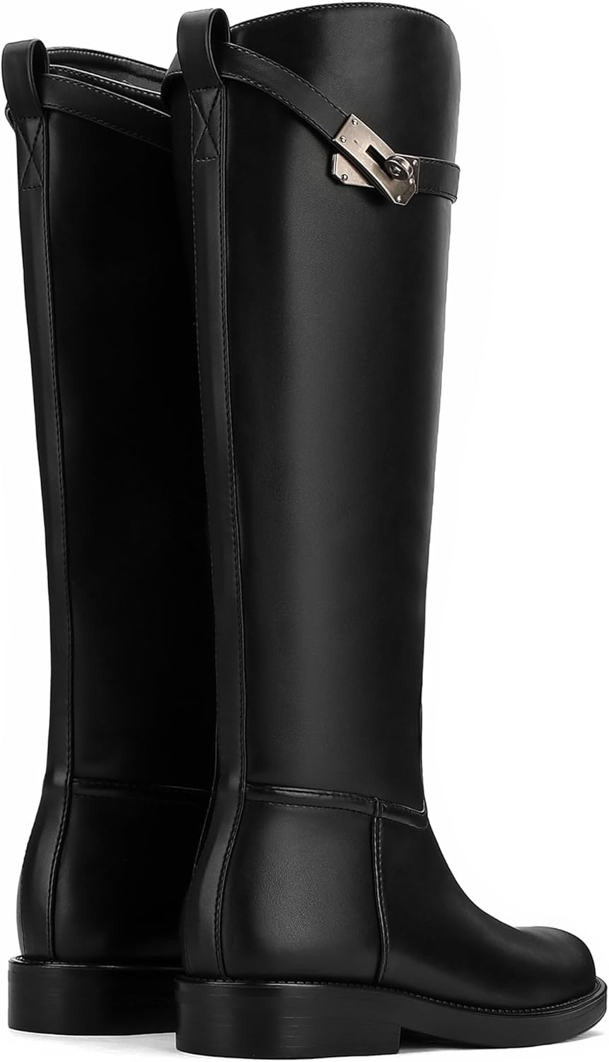 Knee High Boots Women | Tall Riding Faux Leather Low Heel Boots | Round Toe Pull On Wide Calf with Buckle Strap Comfort for Fall | Winter Dress 8 Black