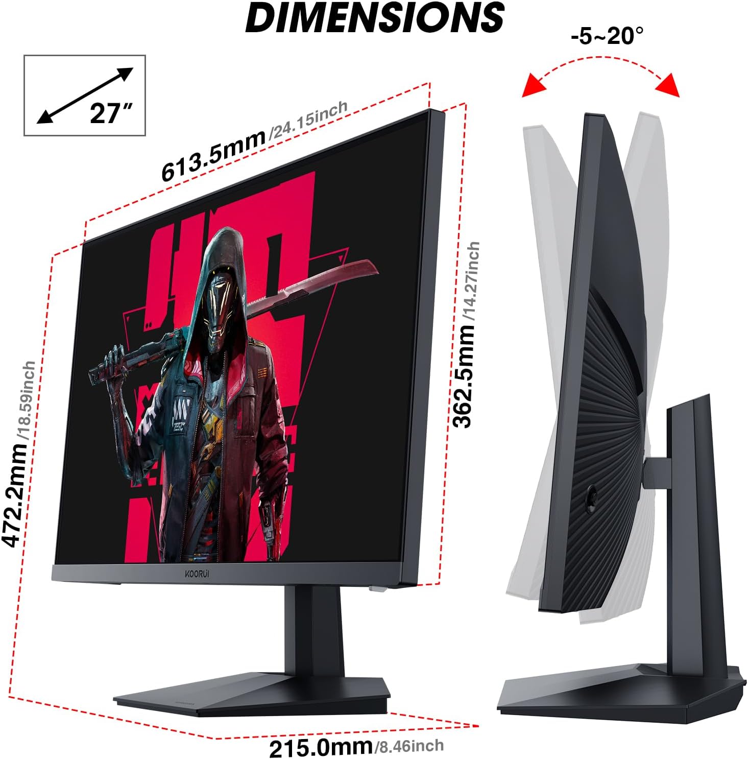 KOORUI Gaming Monitor 27 Inch, PC Screen 240Hz, FHD, 1ms, Adaptive Sync (1920 x 1080p, DCI-P3 90%, SRGB 100%, HDMI, DisplayPort, VESA 75x75) 240Hz FHD 27 Inch