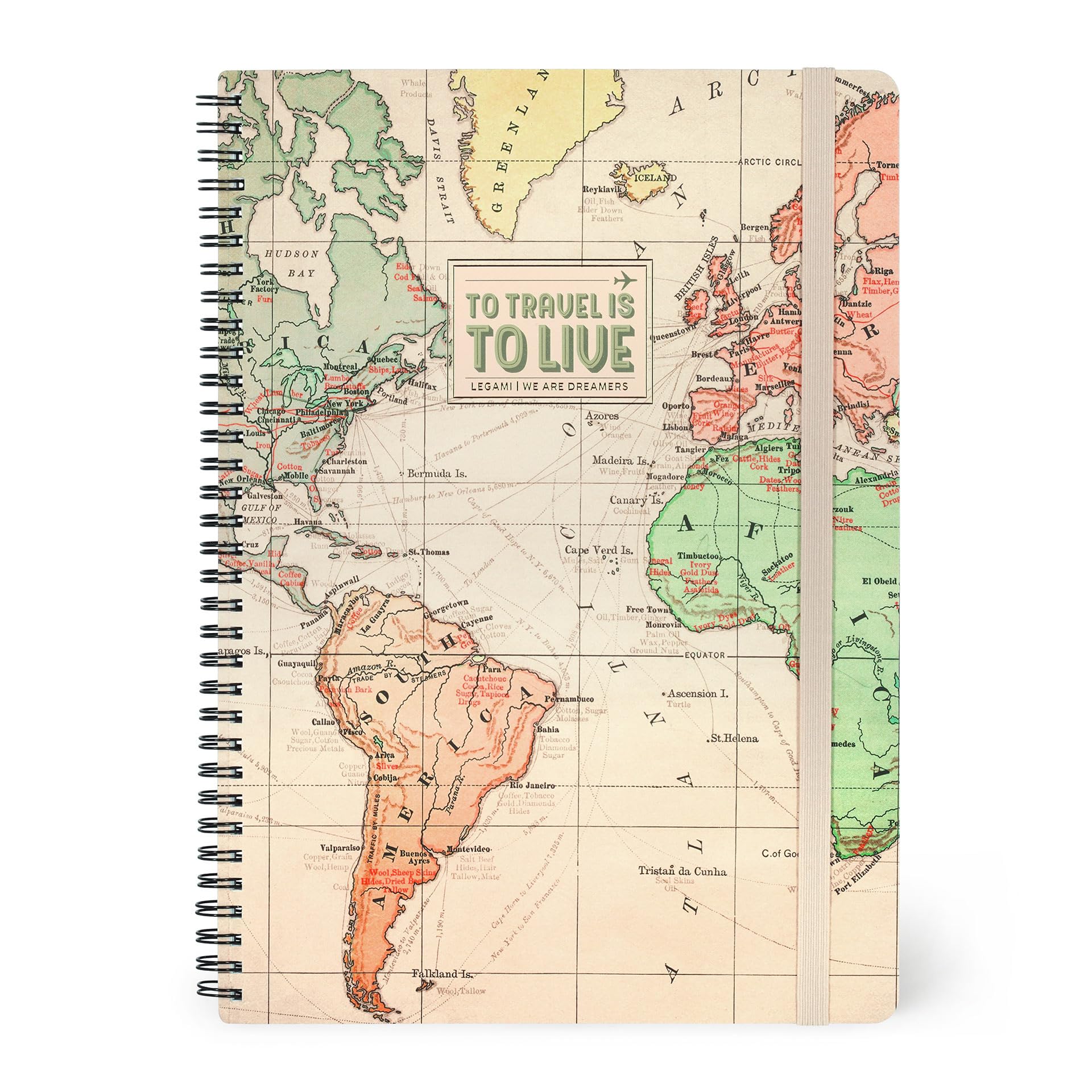 Legami - Ruled Notebook with Spiral - A4 Format, Spiral Notebook Maxi, Contains 1 Sheet of Stickers, 160 Detachable Pages, in FSC Paper, Elastic Closure, 21 x 29 cm, Travel Theme