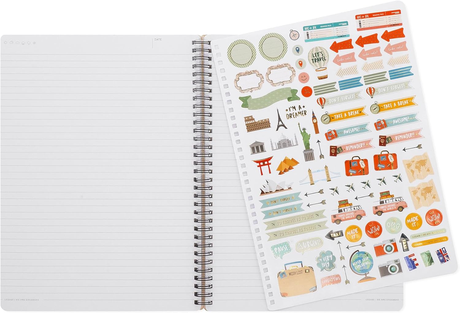 Legami - Ruled Notebook with Spiral - A4 Format, Spiral Notebook Maxi, Contains 1 Sheet of Stickers, 160 Detachable Pages, in FSC Paper, Elastic Closure, 21 x 29 cm, Travel Theme
