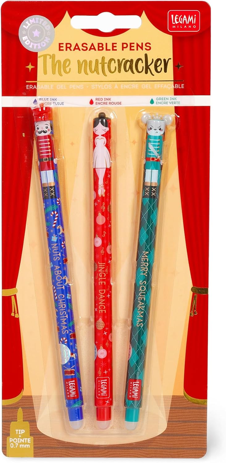 Legami - Set of 3 Erasable Gel Pens, Christmas Edition, Pens with Thermosensitive Erasable Ink, Red, Blue, Green, Christmas Erasable Pen, Erases Without Consuming the XMAS Sheet