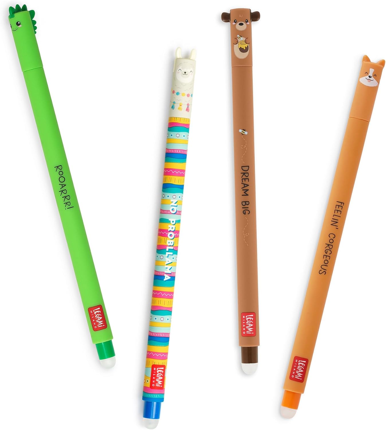 Legami - Set of 4 Erasable Gel Pens, Themes Dino, Teddy Bear, Corgi, Llama, Ball on the End to Remove Ink - Black, Blue, Green, Red, Thermosensitive, Tip Diameter 0.7 mm FRIENDS