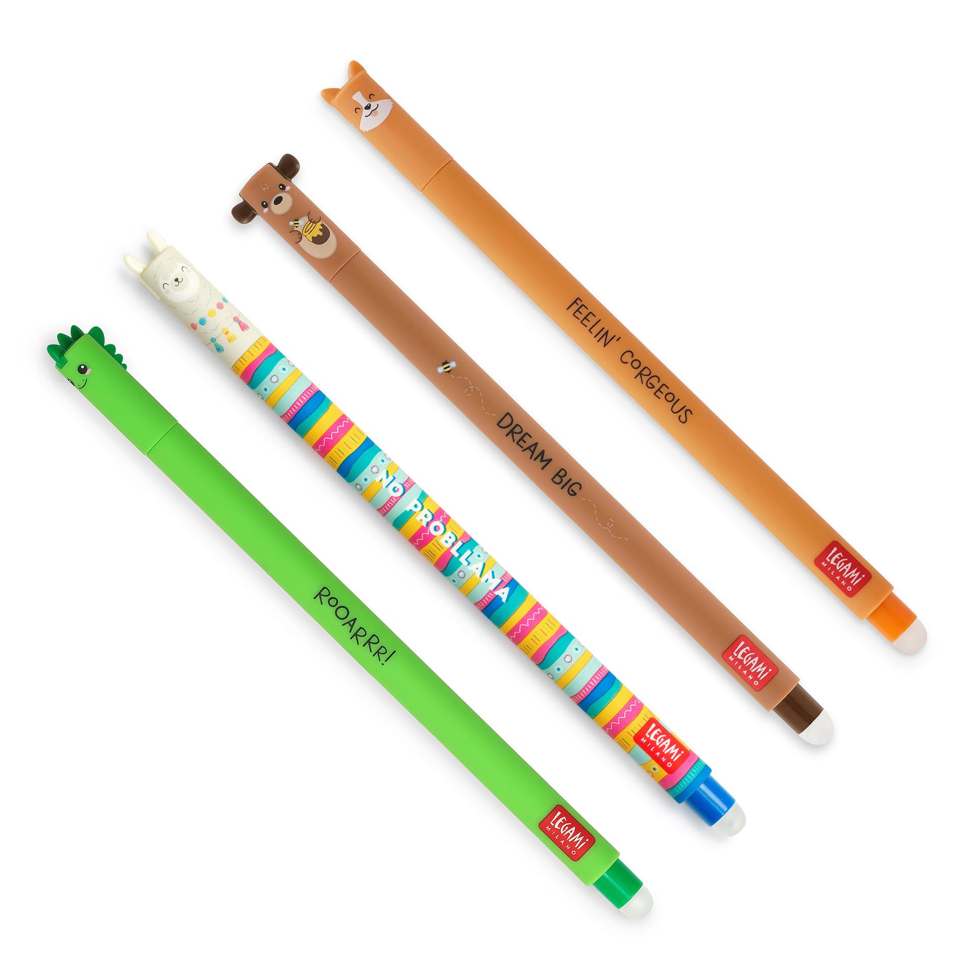 Legami - Set of 4 Erasable Gel Pens, Themes Dino, Teddy Bear, Corgi, Llama, Ball on the End to Remove Ink - Black, Blue, Green, Red, Thermosensitive, Tip Diameter 0.7 mm FRIENDS