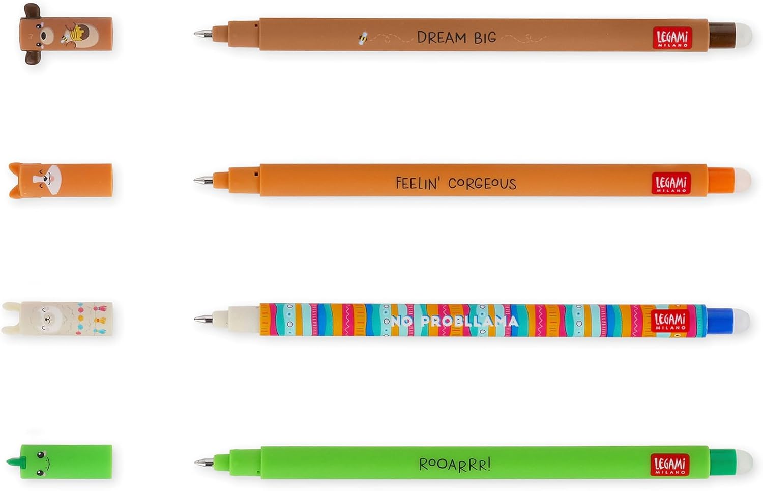 Legami - Set of 4 Erasable Gel Pens, Themes Dino, Teddy Bear, Corgi, Llama, Ball on the End to Remove Ink - Black, Blue, Green, Red, Thermosensitive, Tip Diameter 0.7 mm FRIENDS