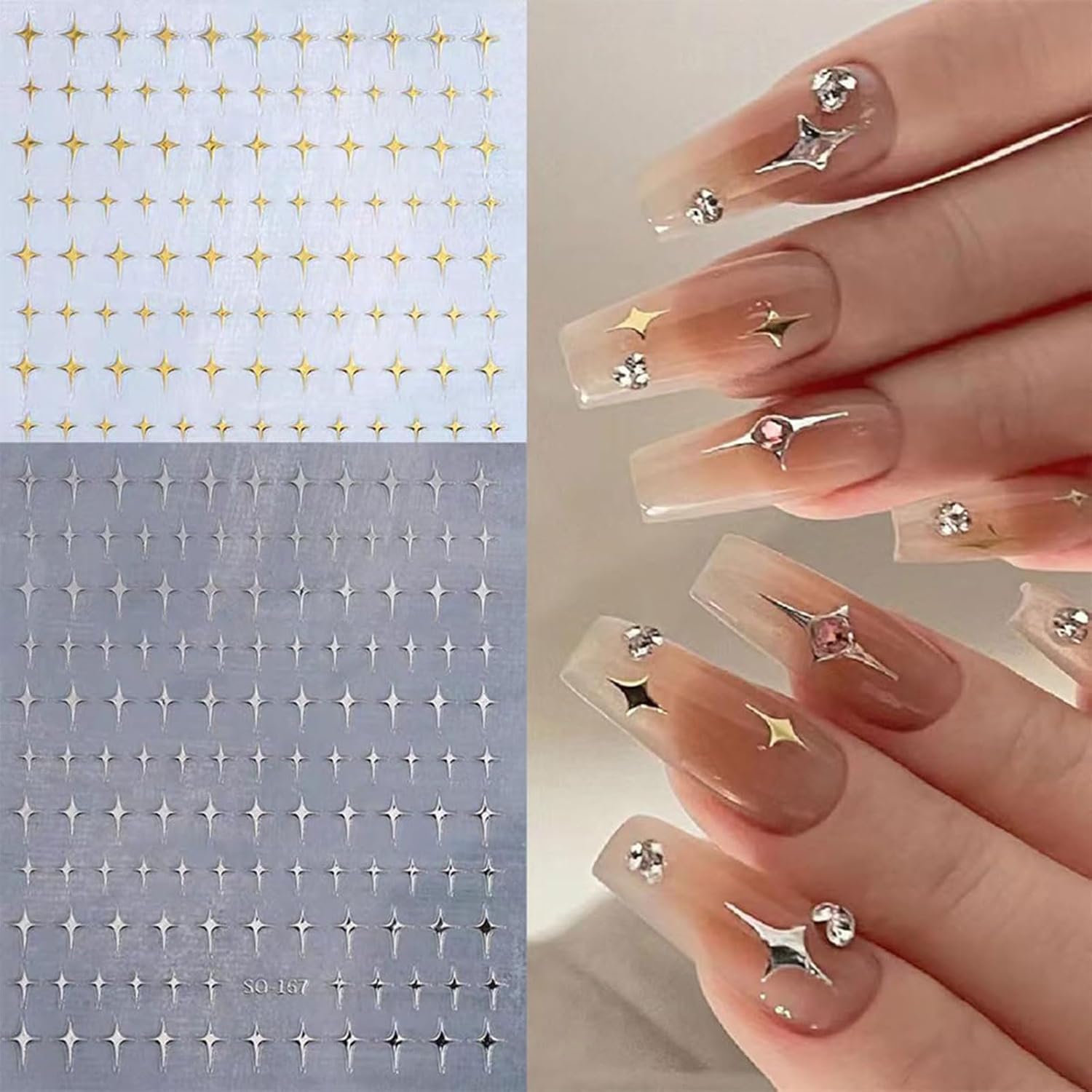 Lilbitty 6 Pieces 3D Glitter Nail Art Stickers Shiny Gold Silver White Black Stars