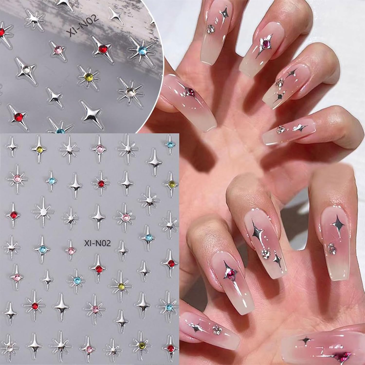 Lilbitty 6 Pieces 3D Glitter Nail Art Stickers Shiny Gold Silver White Black Stars
