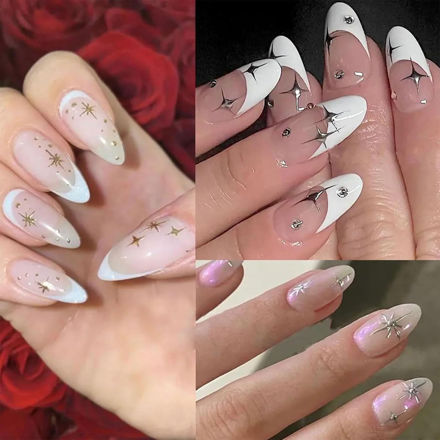 Lilbitty 6 Pieces 3D Glitter Nail Art Stickers Shiny Gold Silver White Black Stars