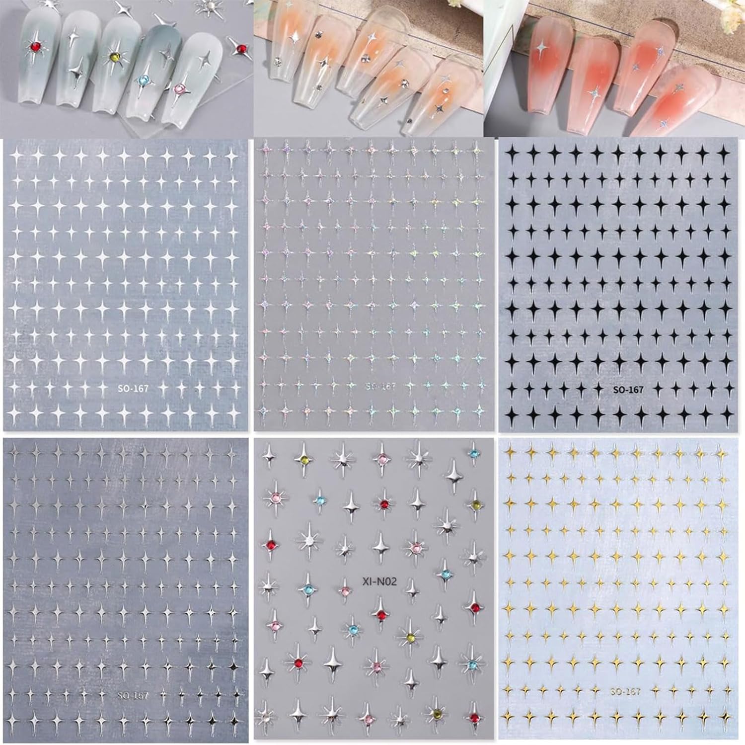 Lilbitty 6 Pieces 3D Glitter Nail Art Stickers Shiny Gold Silver White Black Stars