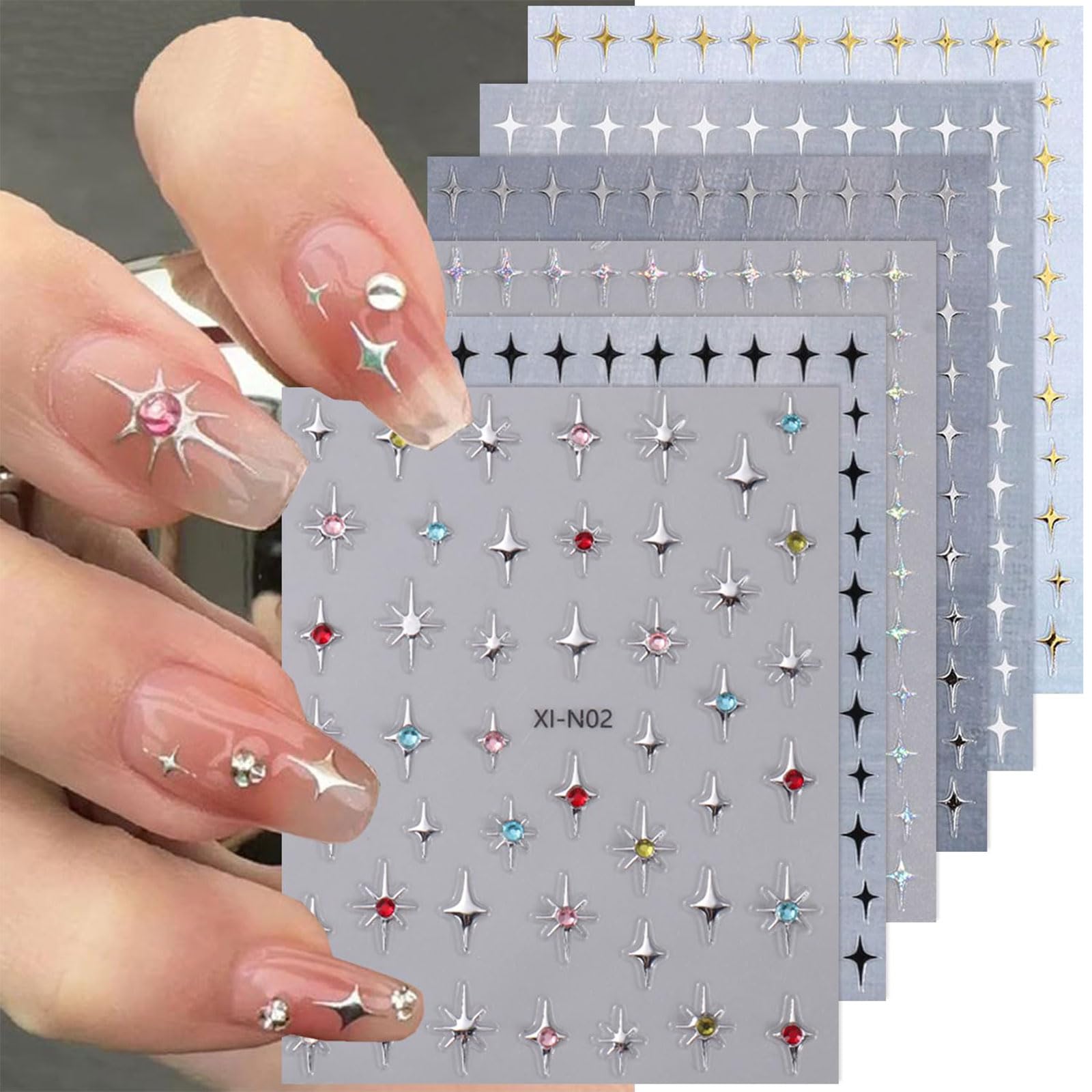 Lilbitty 6 Pieces 3D Glitter Nail Art Stickers Shiny Gold Silver White Black Stars
