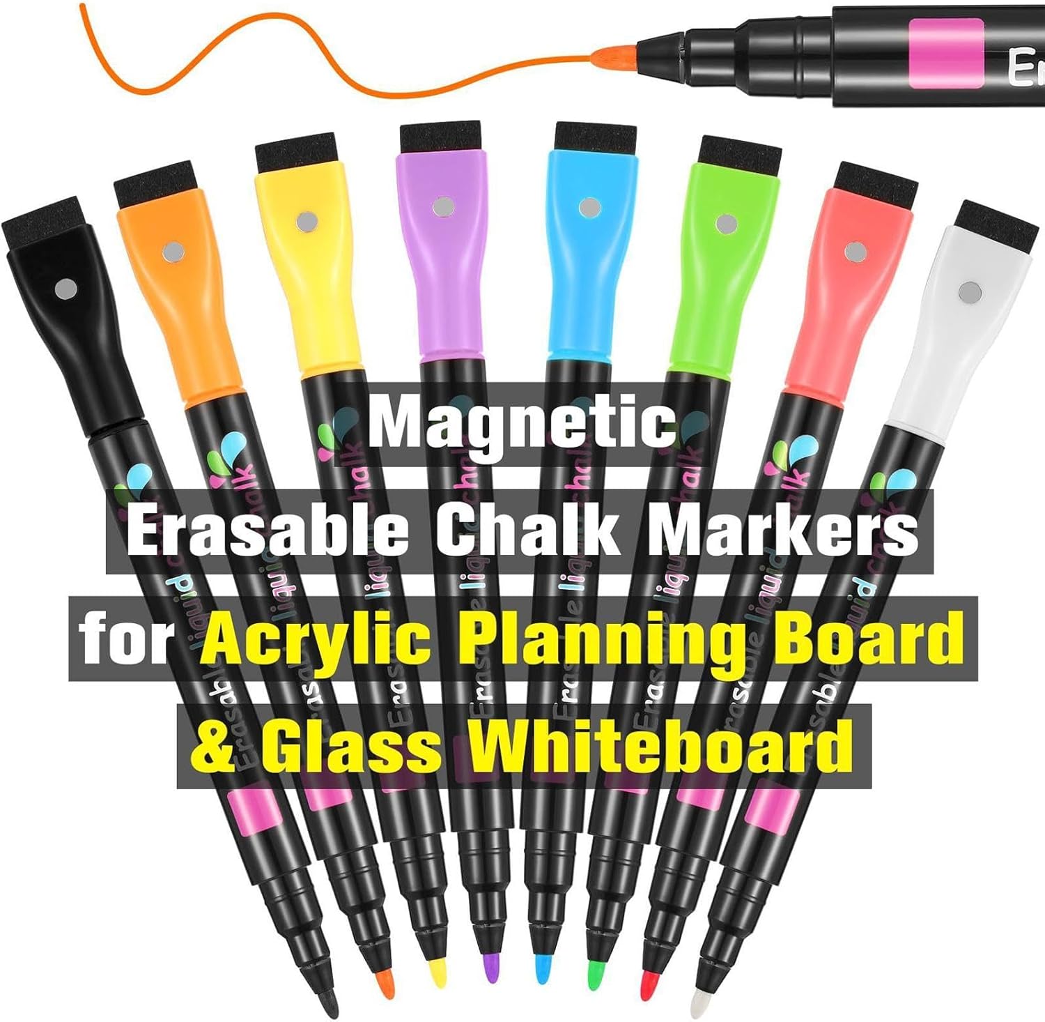 Liquid Chalk Markers, 8 Pcs Water Soluble Fluorescent Markers, 1mm Fine Tip, Dry Erase, for LED Light Board, Erasable