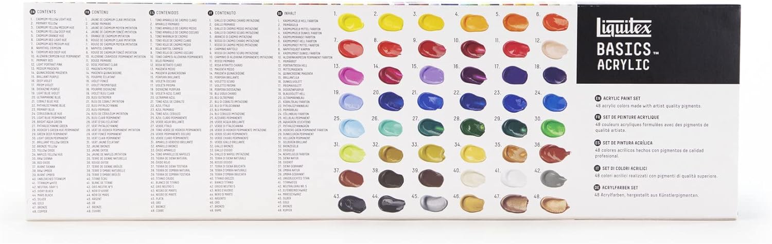 Liquitex 3699395 Basics - Acrylic paint, Monopigmented artist pigments, Lightfast, long-lasting, Satin finish, Color set 48 tubes of 22 ml Assorted basic colors 48 x 22ml