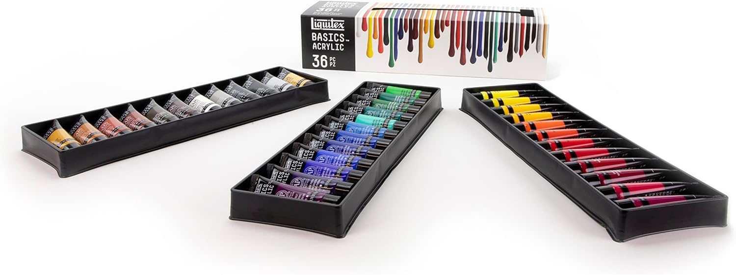 Liquitex 3699404 Basics - Acrylic paint, Monopigmented artist pigments, Lightfast, long-lasting, Satin finish, Color set 36 tubes of 22 ml Multicolour 792 ml (Pack of 1) 36 x 22ml