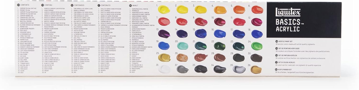 Liquitex 3699404 Basics - Acrylic paint, Monopigmented artist pigments, Lightfast, long-lasting, Satin finish, Color set 36 tubes of 22 ml Multicolour 792 ml (Pack of 1) 36 x 22ml