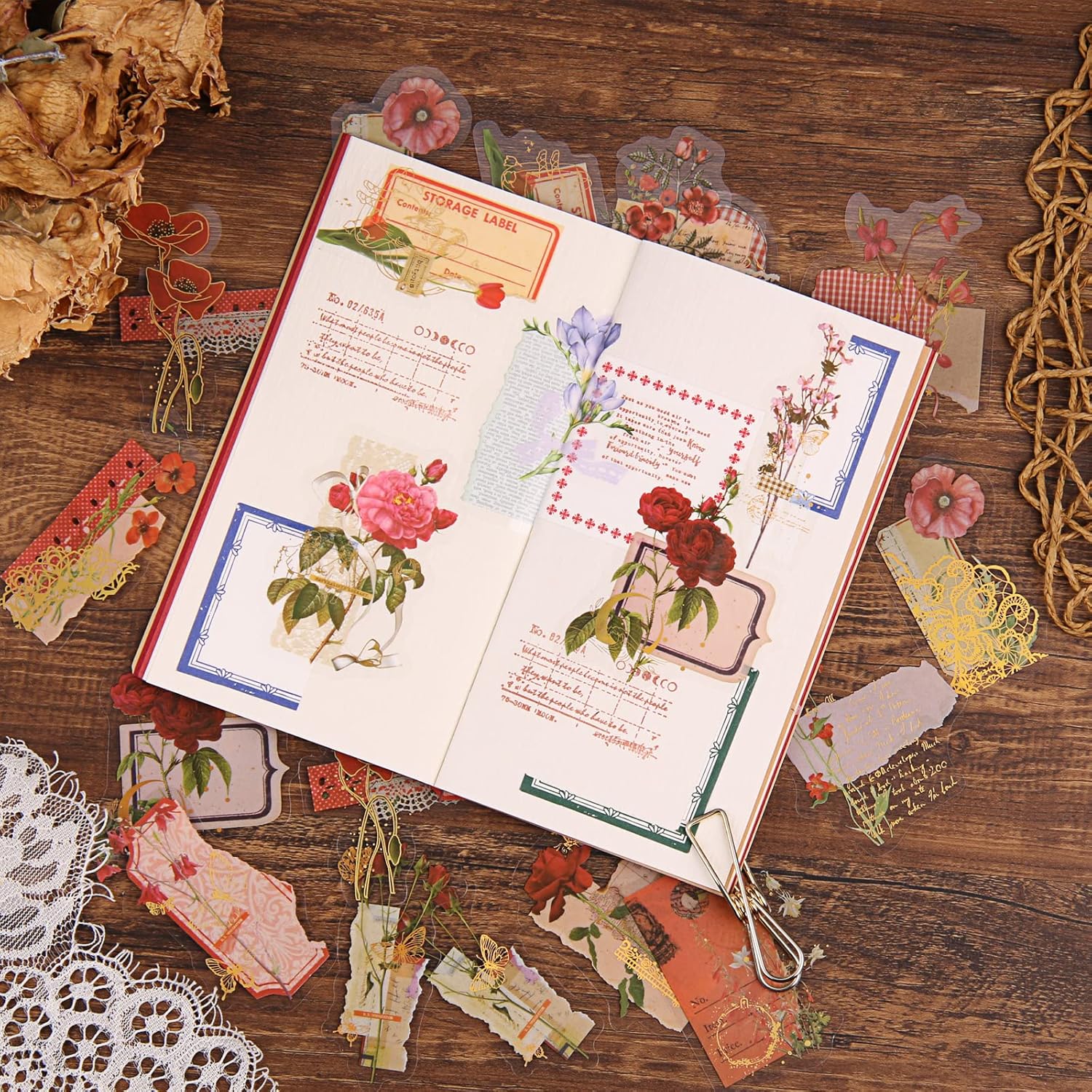 Lychii Scrapbooking Stickers, 180 Pieces Decorative PVC Stickers with Natural Plants and Flowers, Vintage Design Glue Stickers for Scrapbook Crafts, Calendar Planner, DIY Arts Style-1