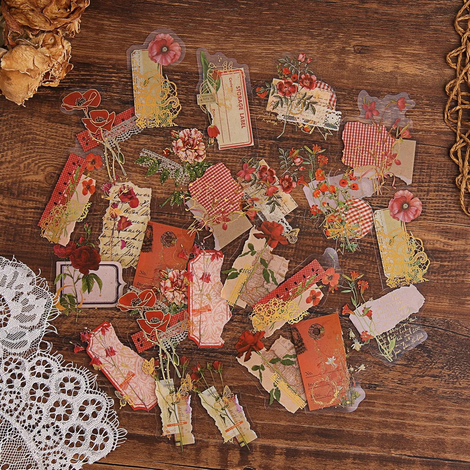 Lychii Scrapbooking Stickers, 180 Pieces Decorative PVC Stickers with Natural Plants and Flowers, Vintage Design Glue Stickers for Scrapbook Crafts, Calendar Planner, DIY Arts Style-1