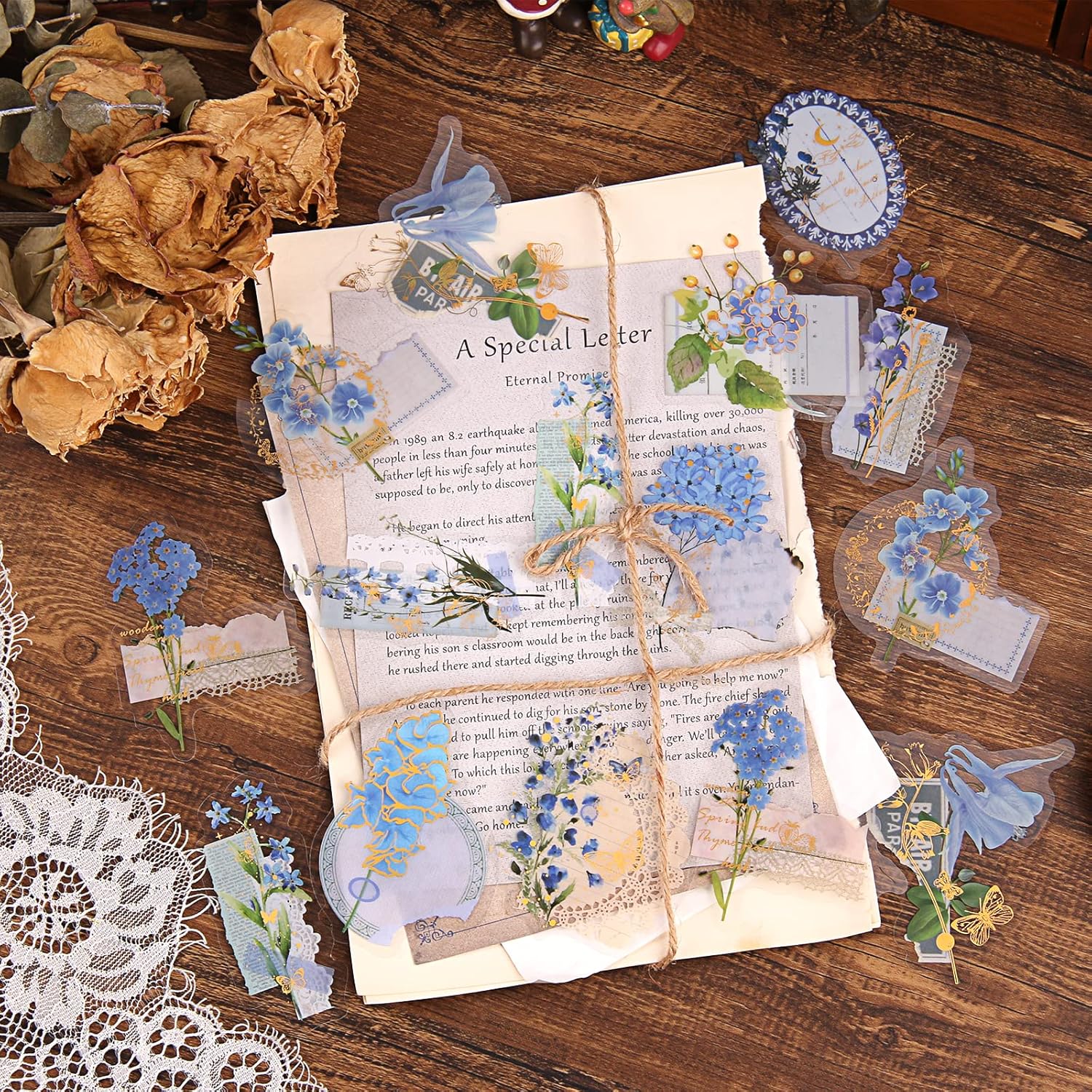 Lychii Scrapbooking Stickers, 180 Pieces Decorative PVC Stickers with Natural Plants and Flowers, Vintage Design Glue Stickers for Scrapbook Crafts, Calendar Planner, DIY Arts Style-1