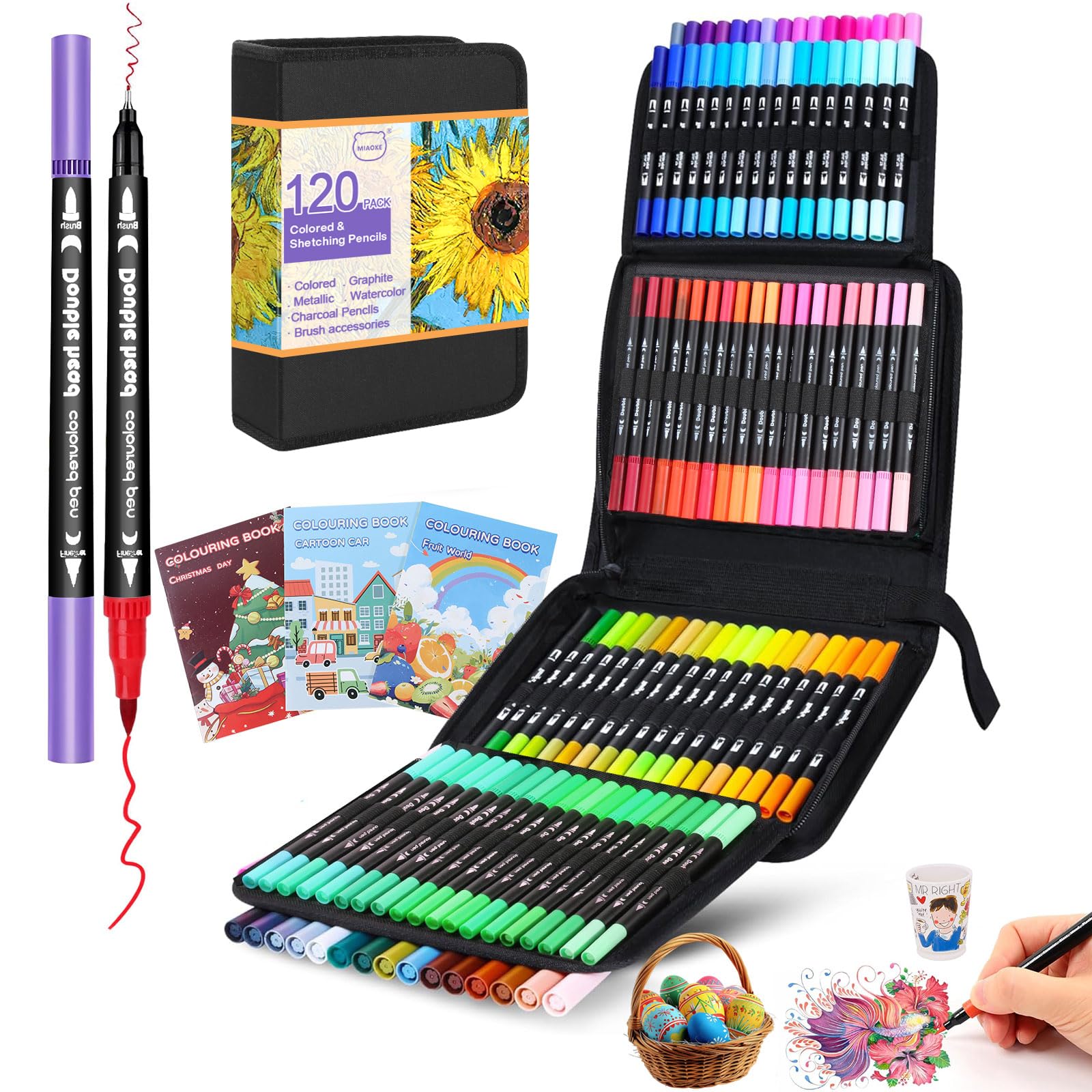 MIAOKE 120 Dual Tip Markers, with 3 Coloring Books, Thick and Thin Markers, 3 Refills and a Black Waterproof Case for Painting Fabric Bag