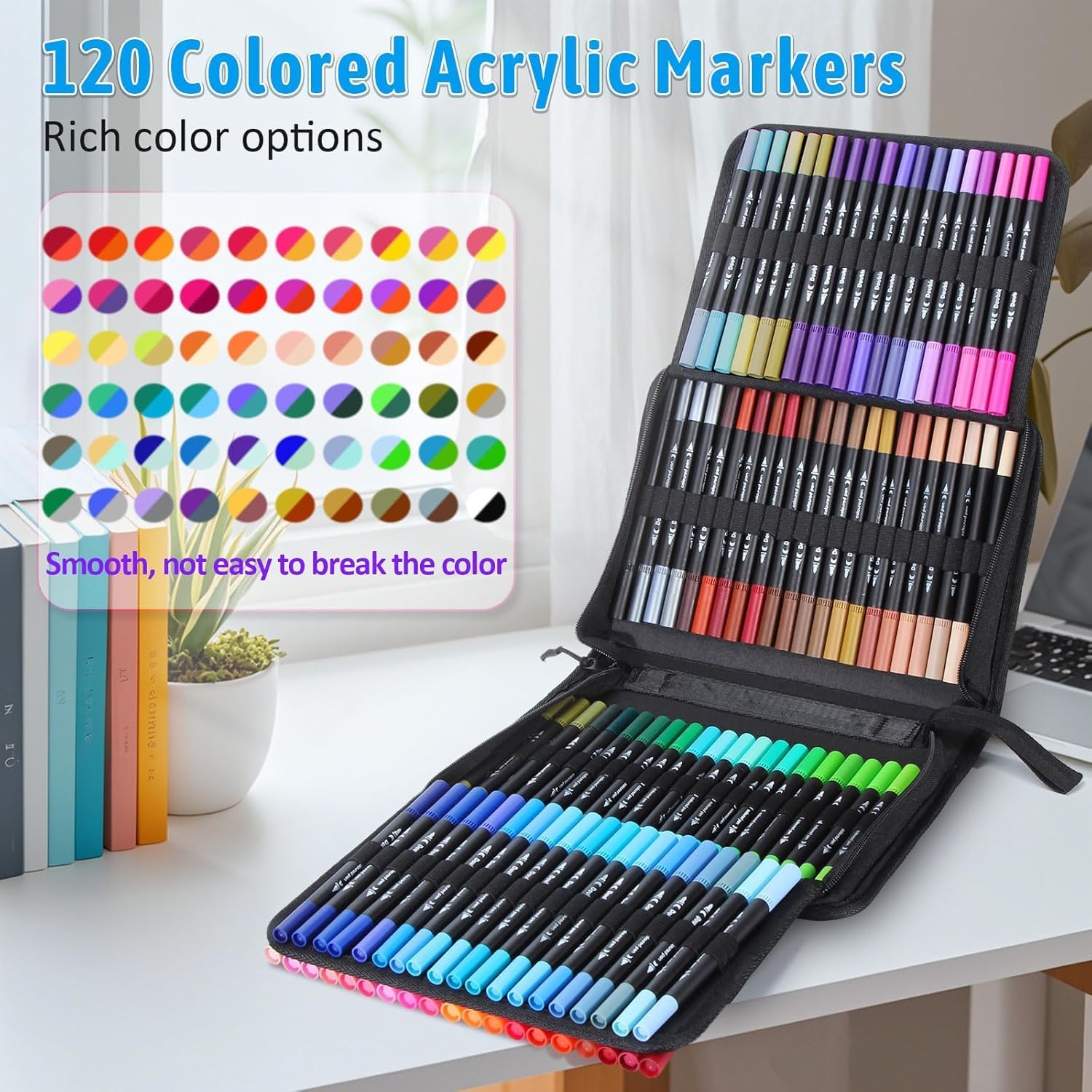 MIAOKE 120 Dual Tip Markers, with 3 Coloring Books, Thick and Thin Markers, 3 Refills and a Black Waterproof Case for Painting Fabric Bag