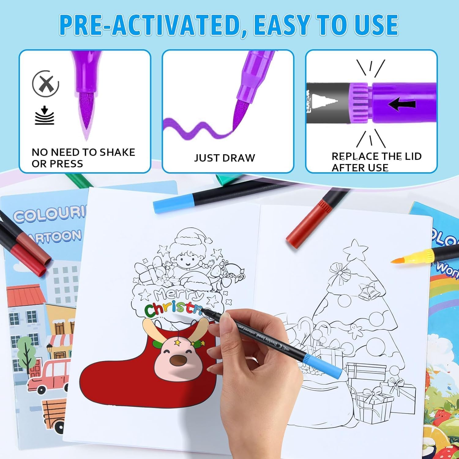 MIAOKE 120 Dual Tip Markers, with 3 Coloring Books, Thick and Thin Markers, 3 Refills and a Black Waterproof Case for Painting Fabric Bag