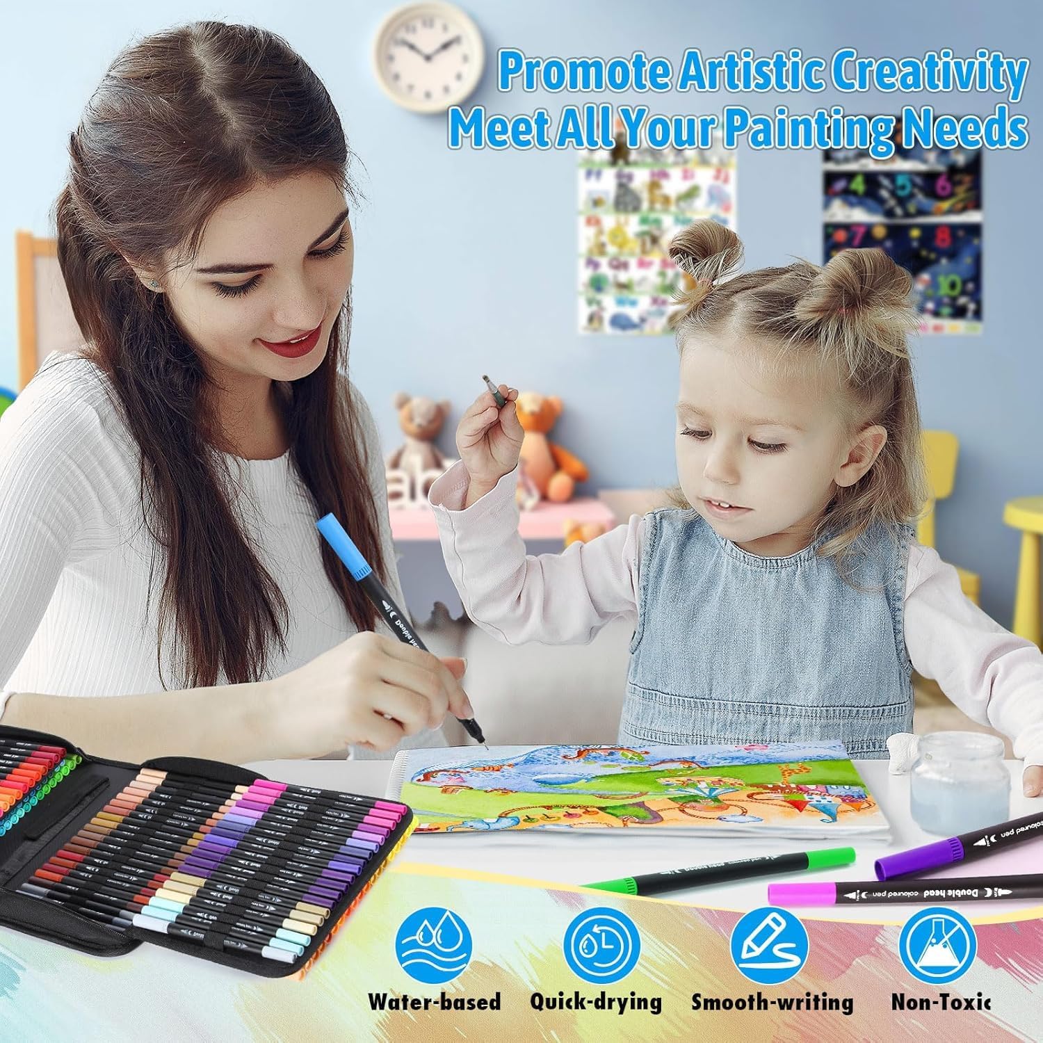 MIAOKE 120 Dual Tip Markers, with 3 Coloring Books, Thick and Thin Markers, 3 Refills and a Black Waterproof Case for Painting Fabric Bag