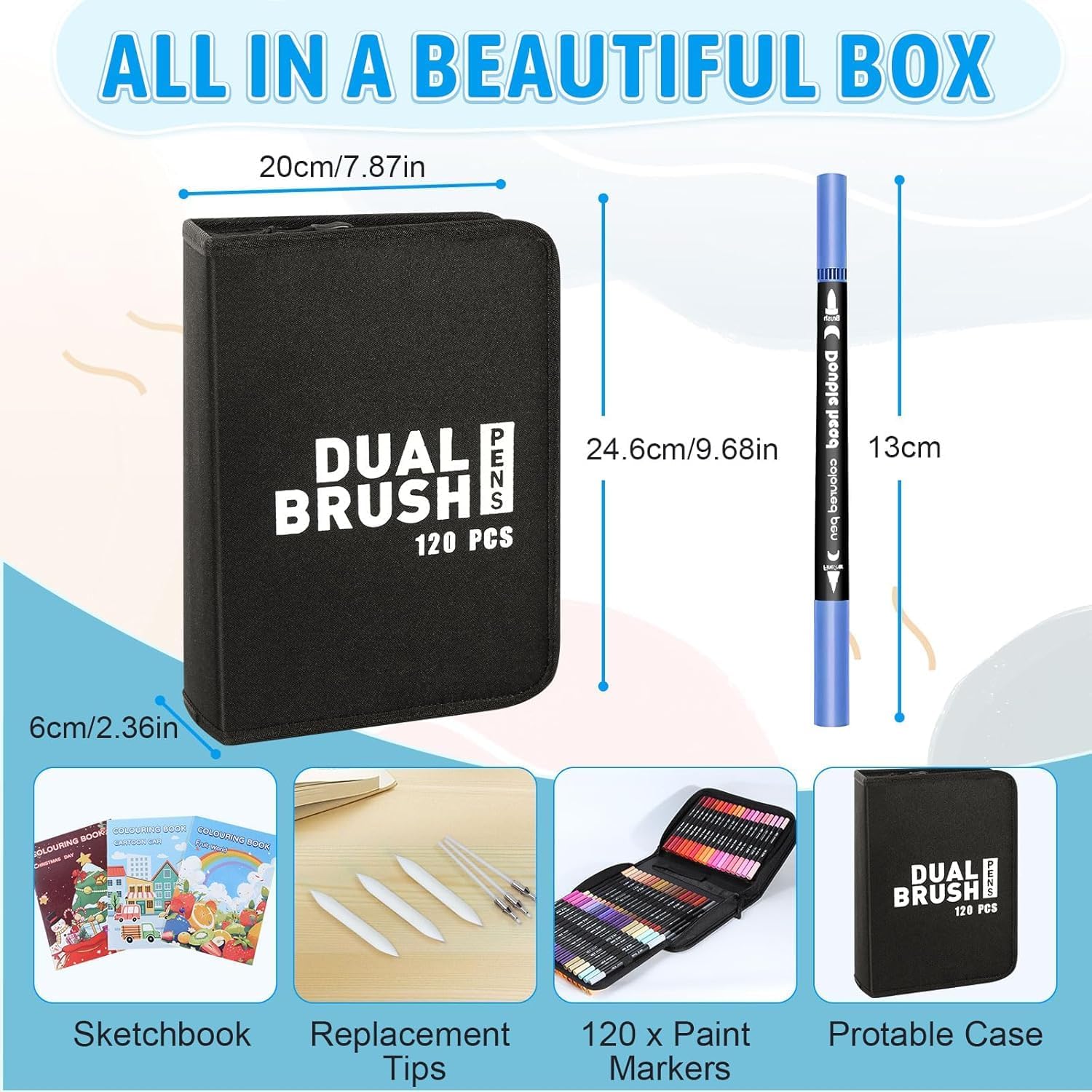 MIAOKE 120 Dual Tip Markers, with 3 Coloring Books, Thick and Thin Markers, 3 Refills and a Black Waterproof Case for Painting Fabric Bag