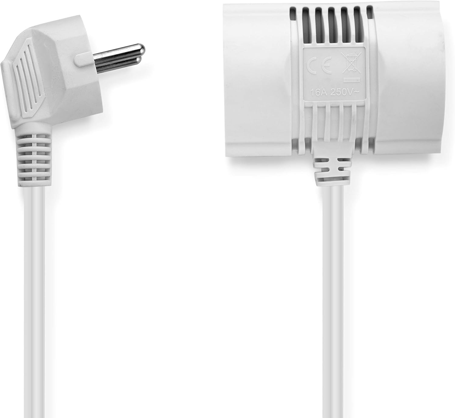 MutecPower 5 meters Extension 2-way power cable with 2 Schuko sockets - 90° angled plug - CEE 7/7 male to 2x female CEE 7/7 up to 250V 50Hz 16A non-polarized DVE 5m