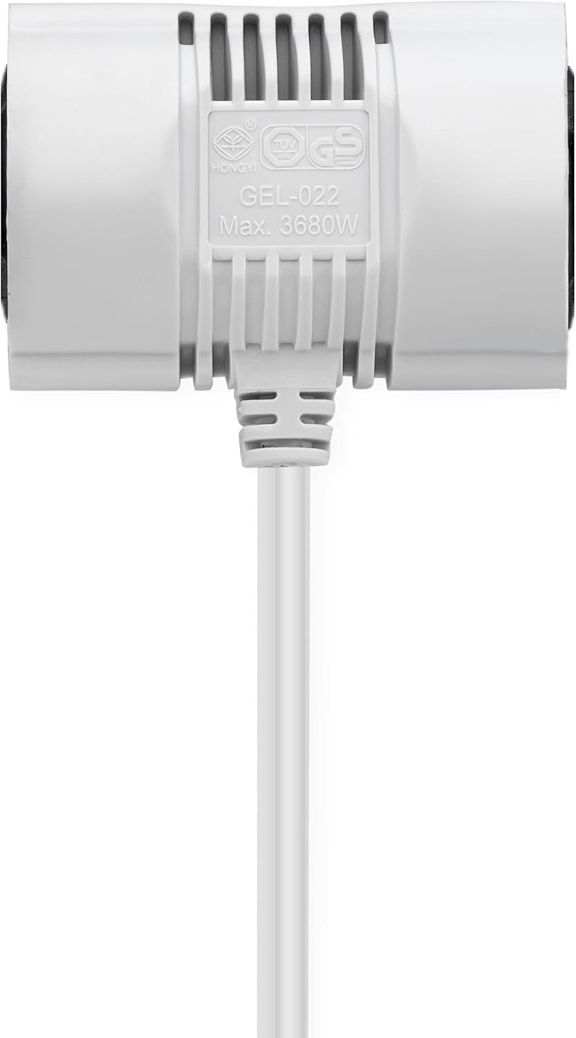 MutecPower 5 meters Extension 2-way power cable with 2 Schuko sockets - 90° angled plug - CEE 7/7 male to 2x female CEE 7/7 up to 250V 50Hz 16A non-polarized DVE 5m