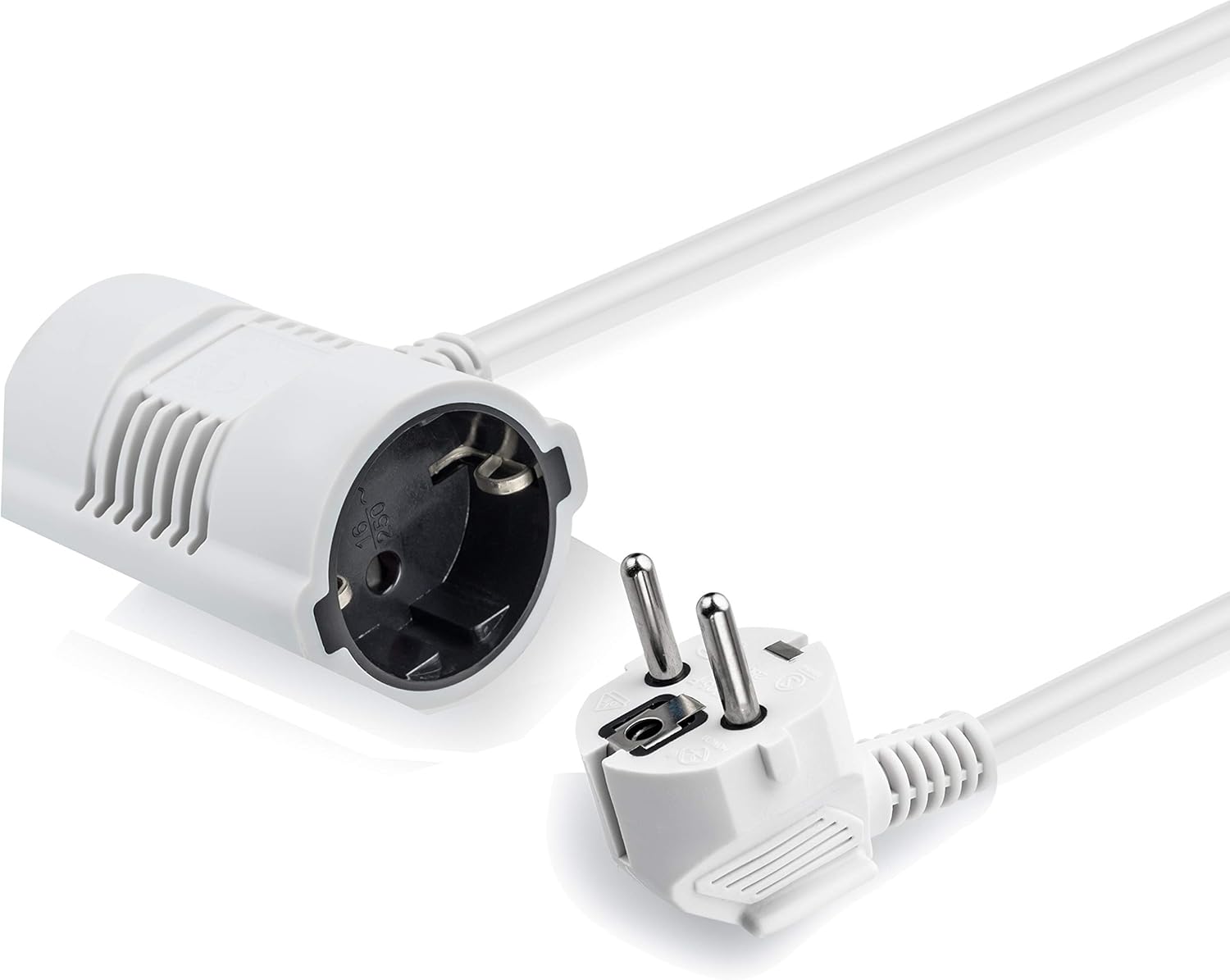MutecPower 5 meters Extension 2-way power cable with 2 Schuko sockets - 90° angled plug - CEE 7/7 male to 2x female CEE 7/7 up to 250V 50Hz 16A non-polarized DVE 5m
